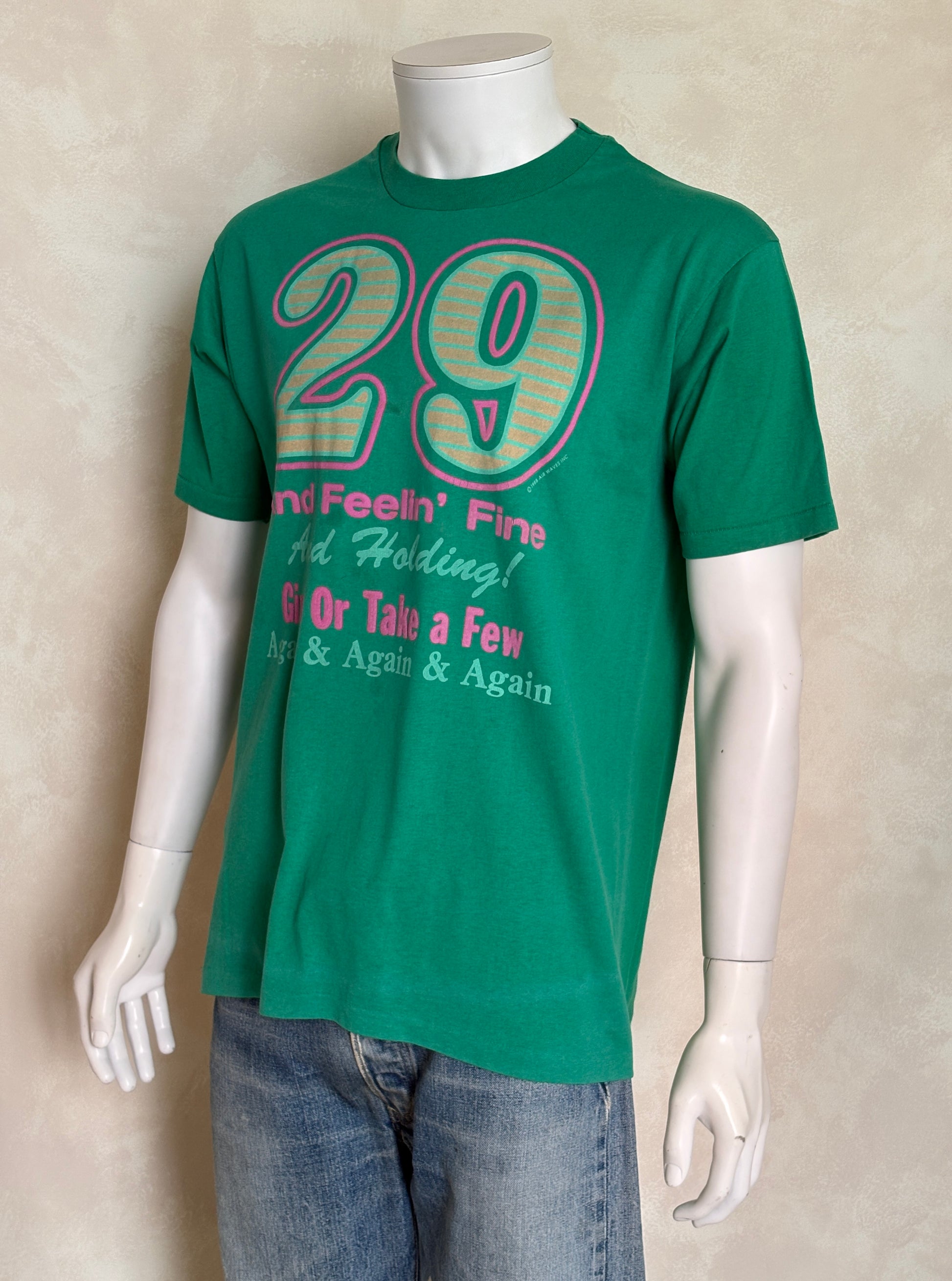 Vintage 1988 funny birthday t-shirt with “29 and Feelin Fine” slogan, made in USA