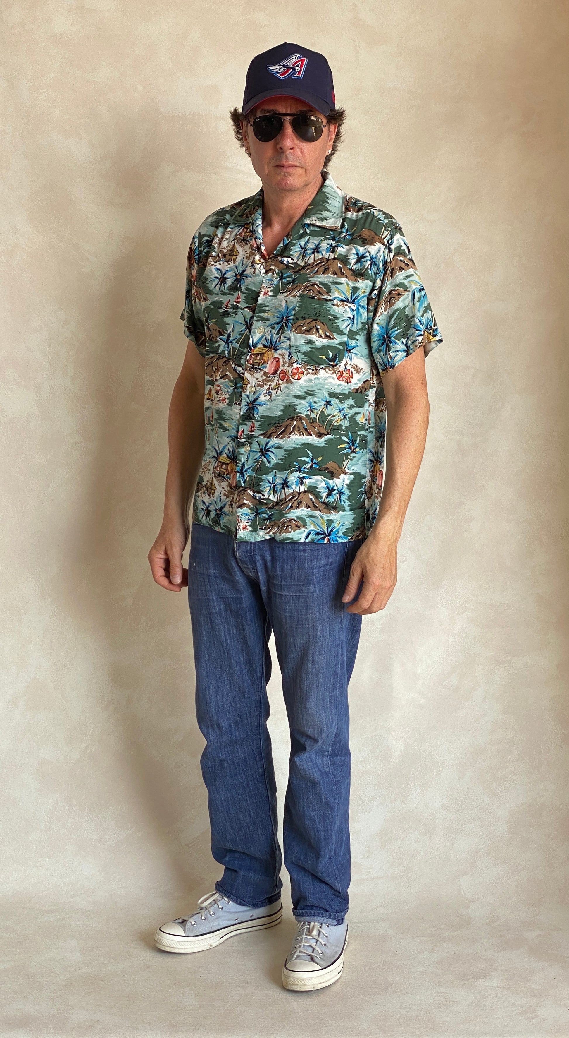 Vintage 1990s Aloha rayon Hawaiian shirt made in Japan with tropical print, size medium