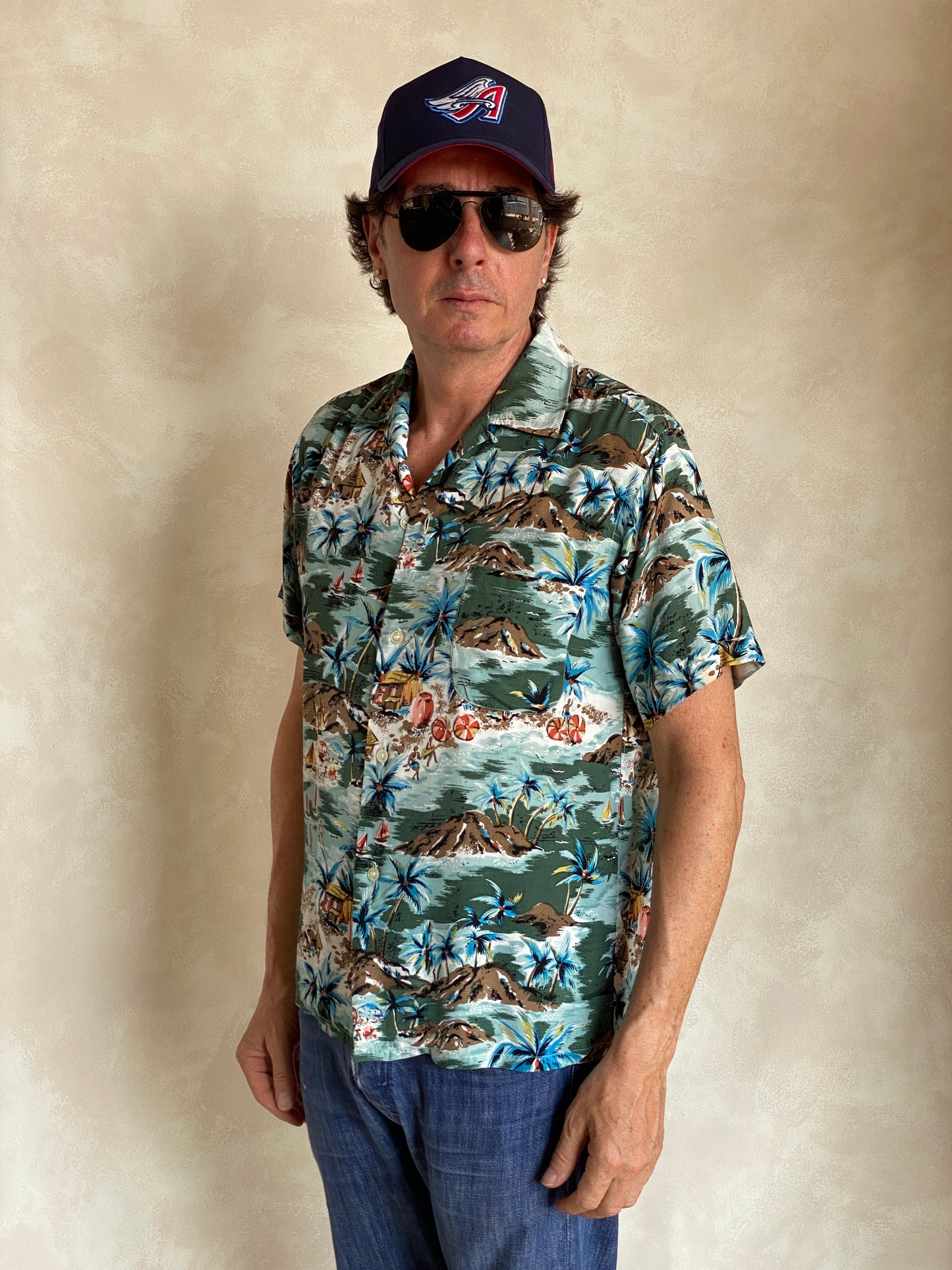 Vintage 1990s Aloha rayon Hawaiian shirt made in Japan with tropical print, size medium