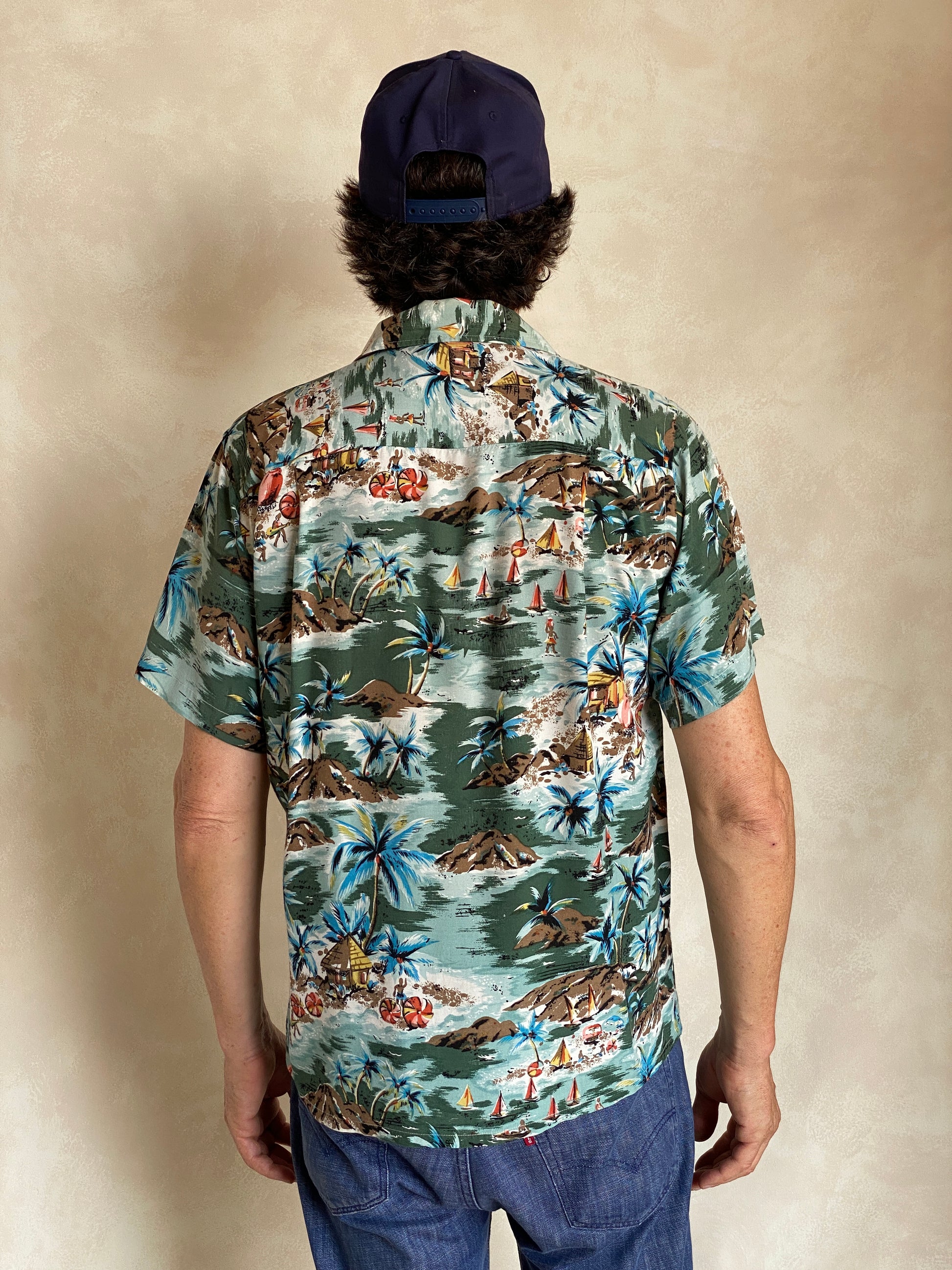 Vintage 1990s Aloha rayon Hawaiian shirt made in Japan with tropical print, size medium