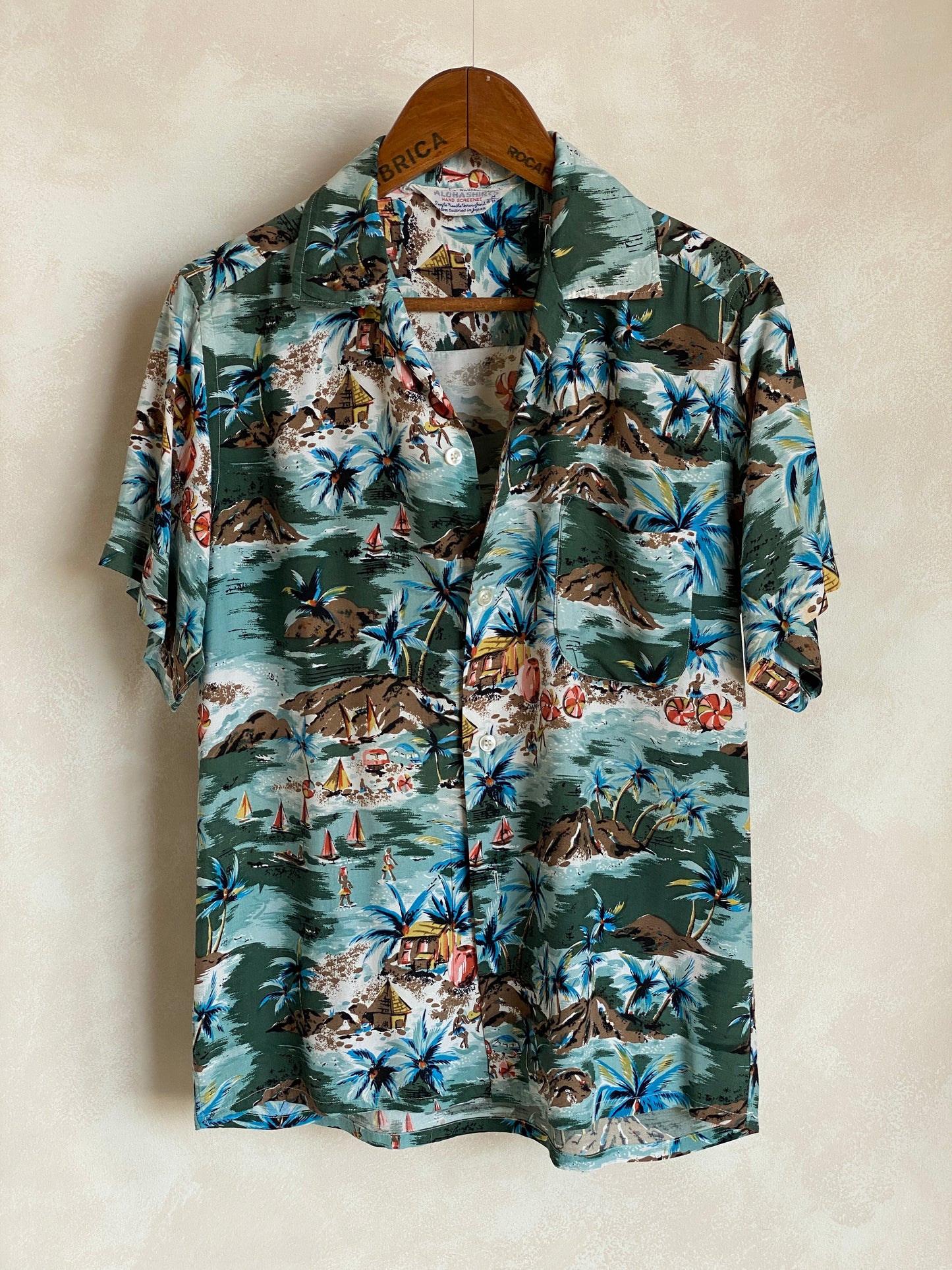 Vintage 1990s Aloha rayon Hawaiian shirt made in Japan with tropical print, size medium
