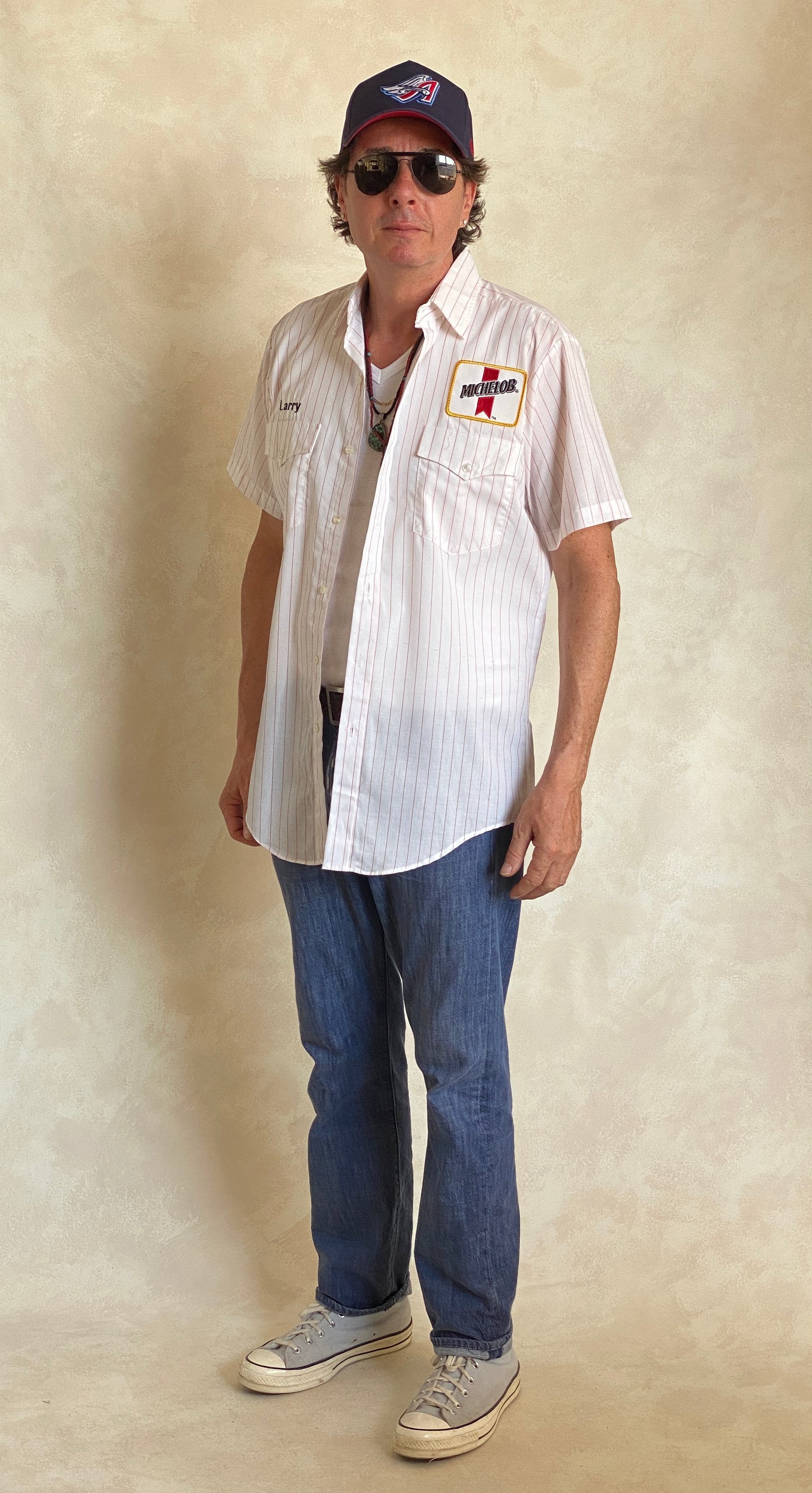 Med. Vintage Budweiser stripe Work shirt Made in USA - USA Vintage Bcn