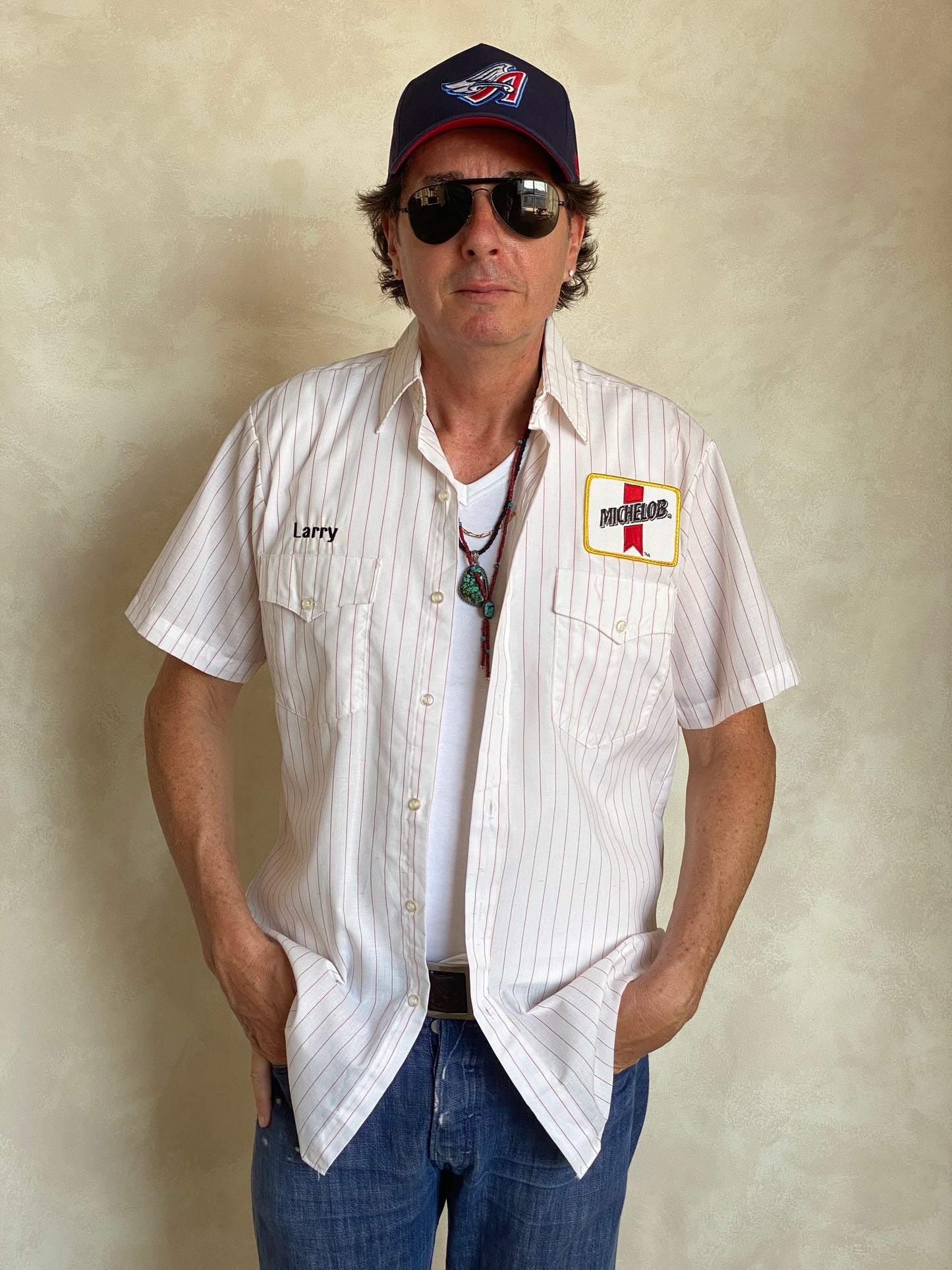 Med. Vintage Budweiser stripe Work shirt Made in USA - USA Vintage Bcn