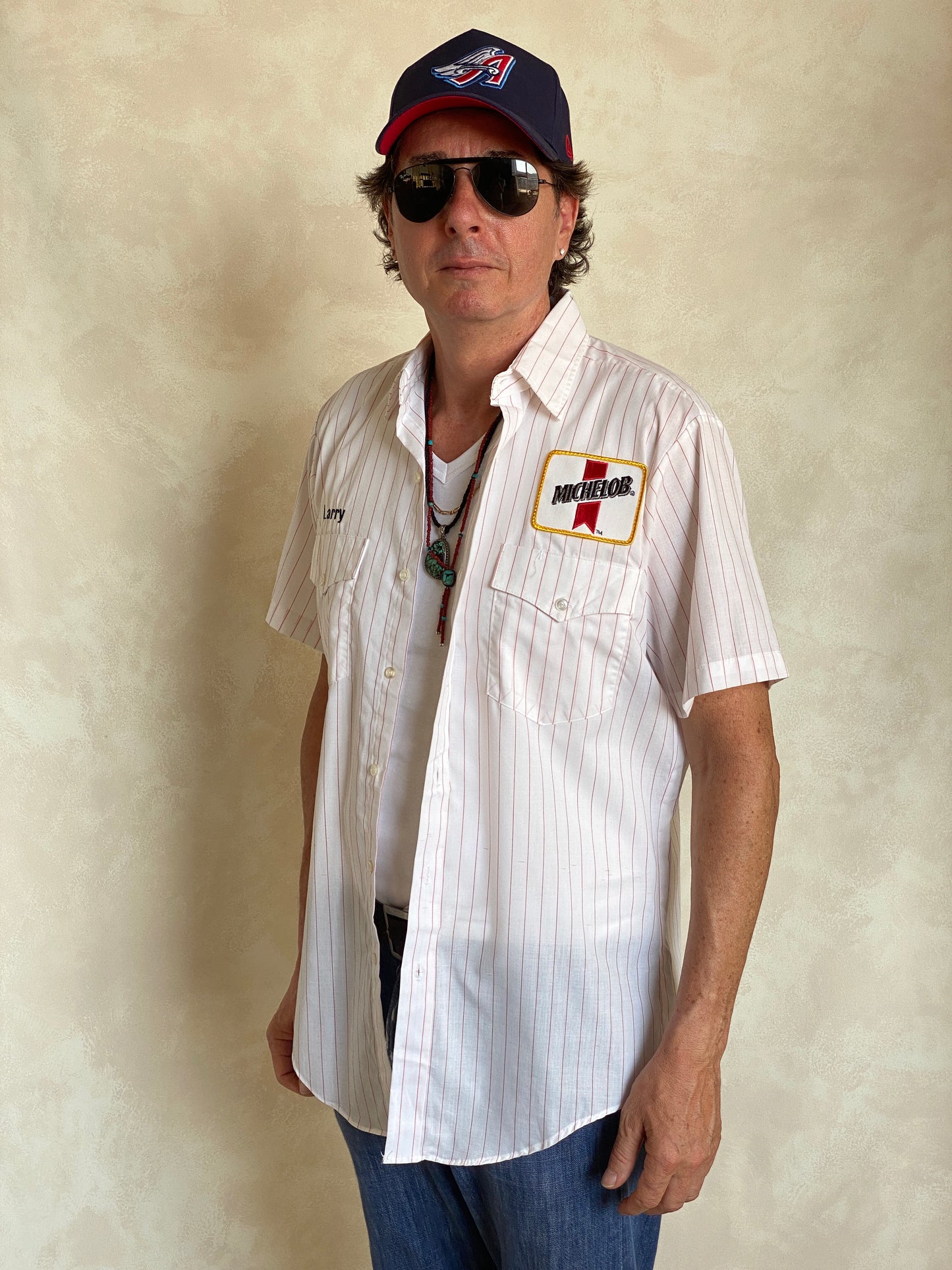 Med. Vintage Budweiser stripe Work shirt Made in USA - USA Vintage Bcn