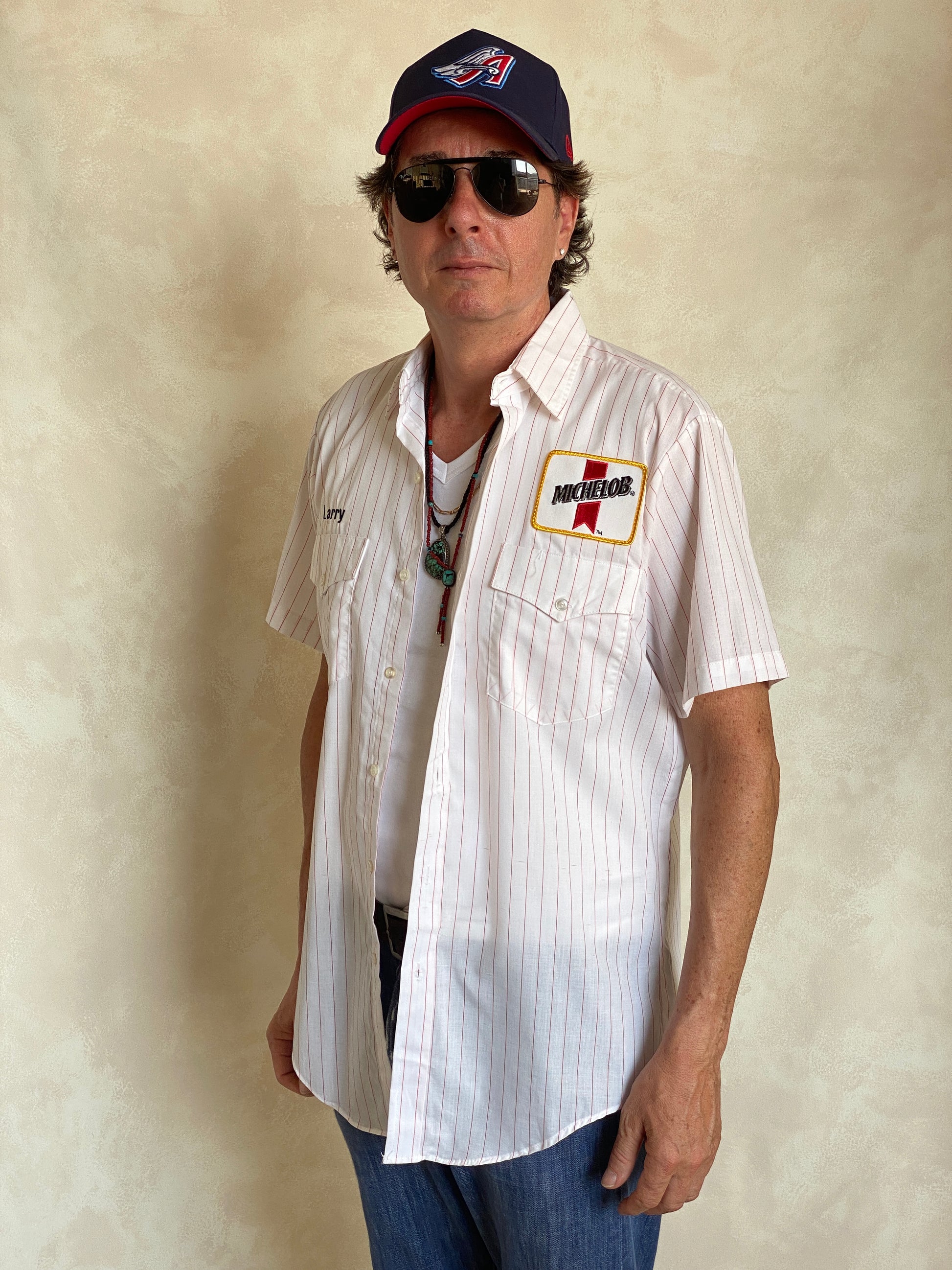 Med. Vintage Budweiser stripe Work shirt Made in USA - USA Vintage Bcn