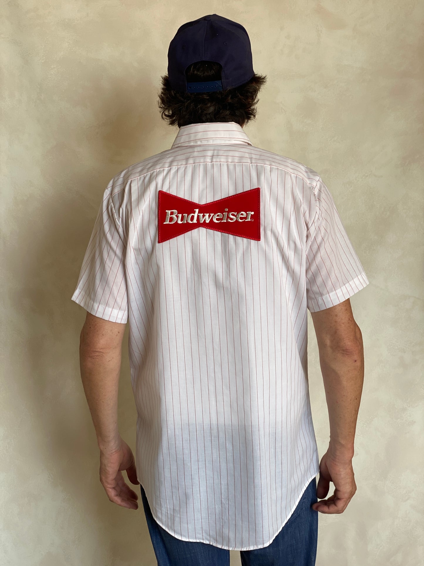 Med. Vintage Budweiser stripe Work shirt Made in USA - USA Vintage Bcn