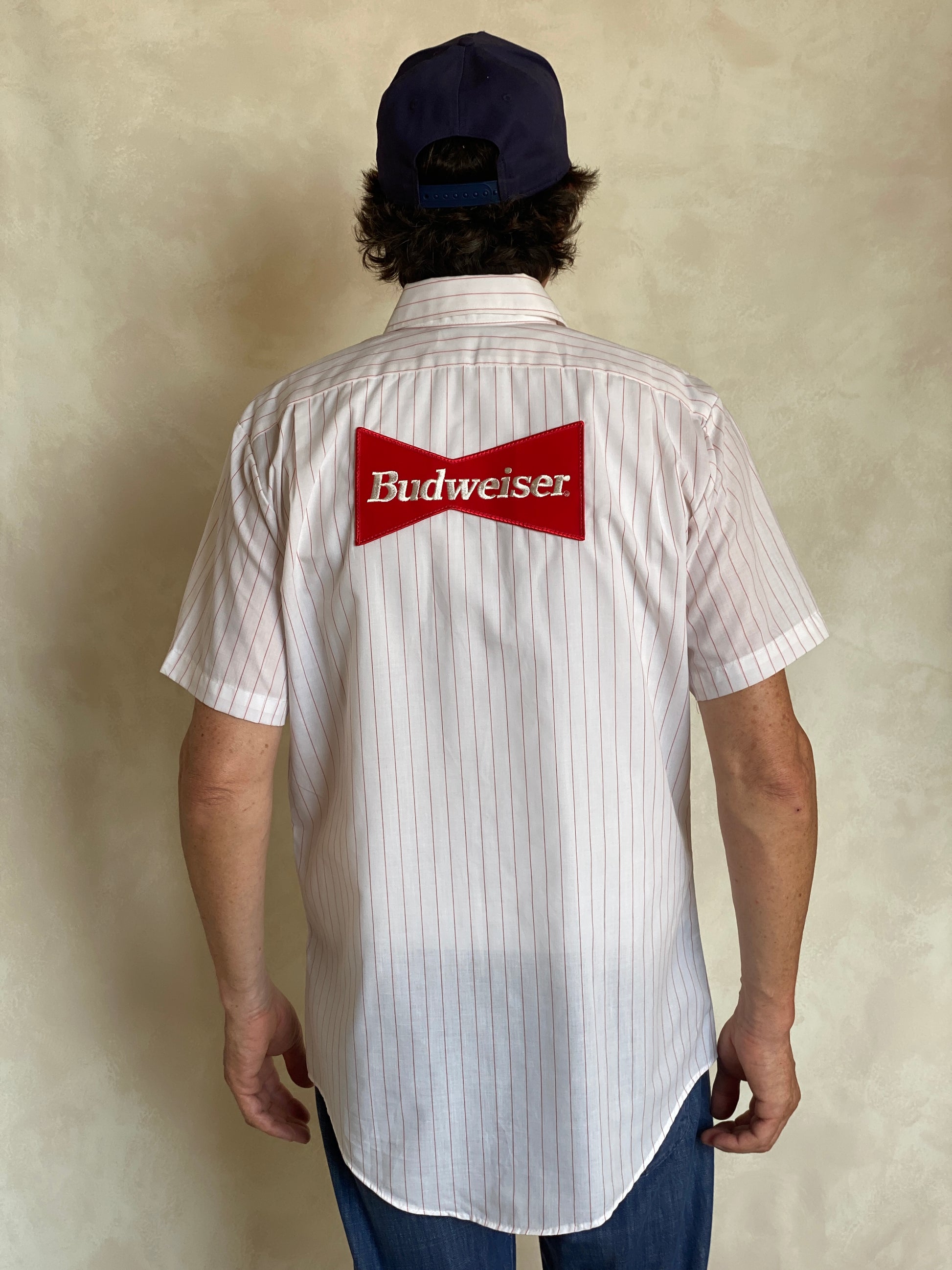 Med. Vintage Budweiser stripe Work shirt Made in USA - USA Vintage Bcn