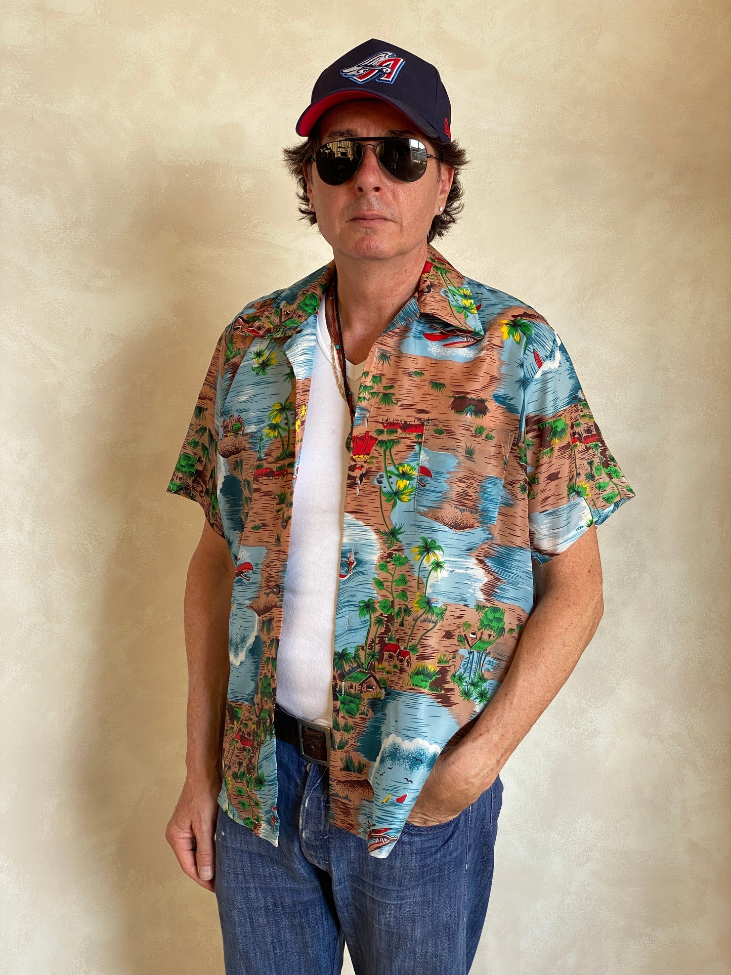 Size L. Vintage 90s polyester thin Hawaiian shirt - USA Vintage Bcn