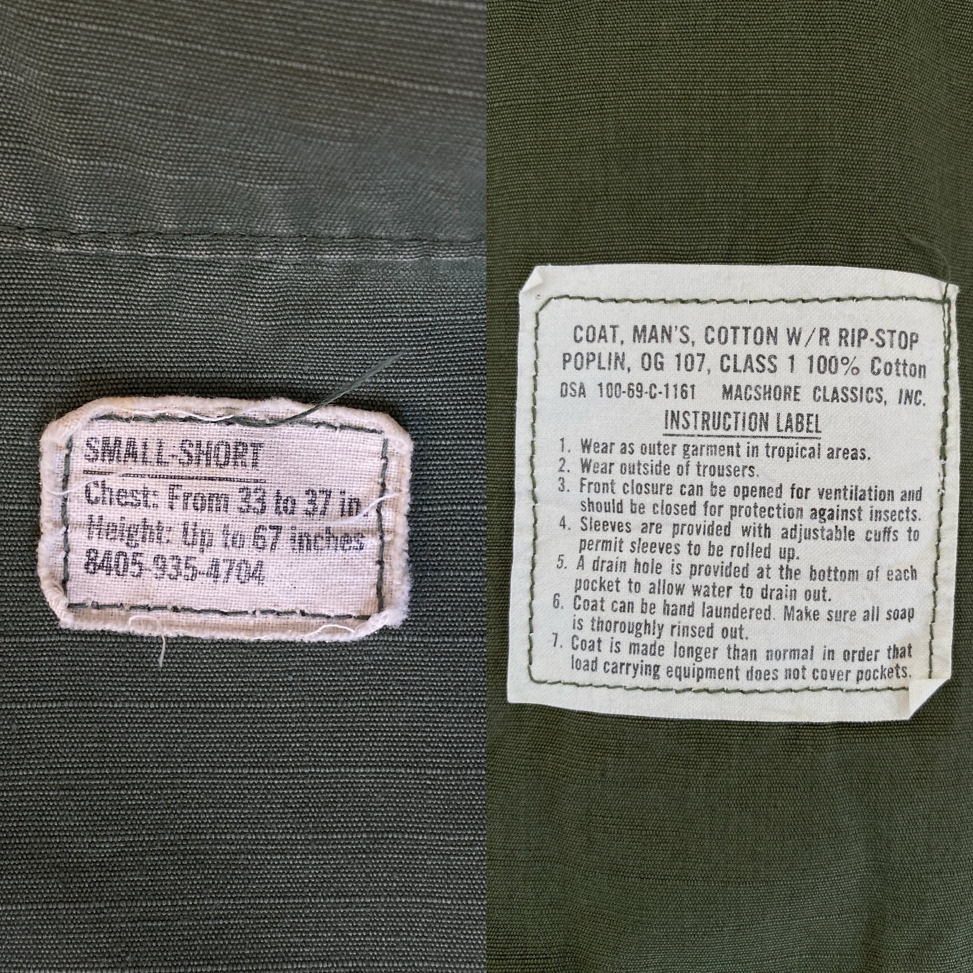 Small Short. Authentic 1969 US Army vintage Vietnam jungle jacket. Military