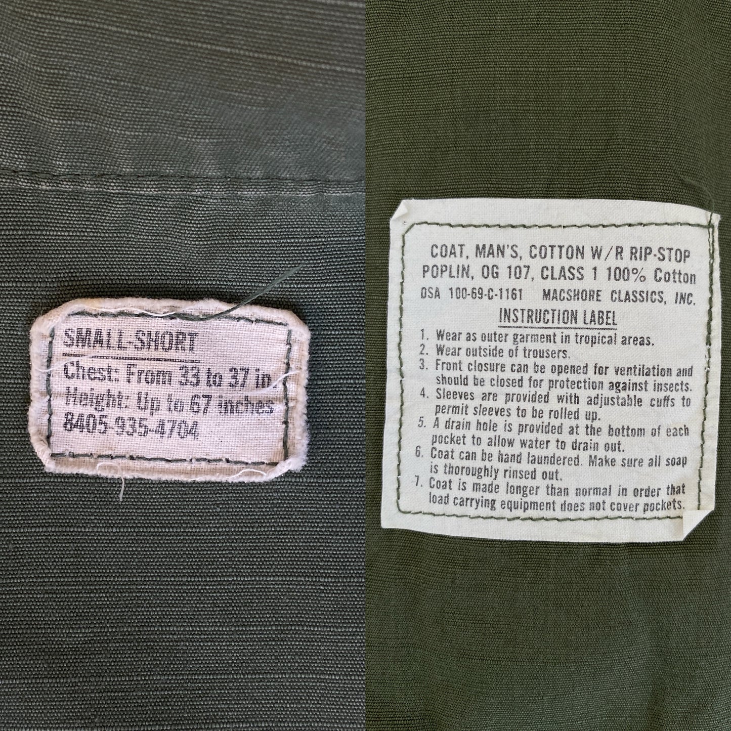 Small Short. Authentic 1969 US Army vintage Vietnam jungle jacket. Military-AJ357 Studio
