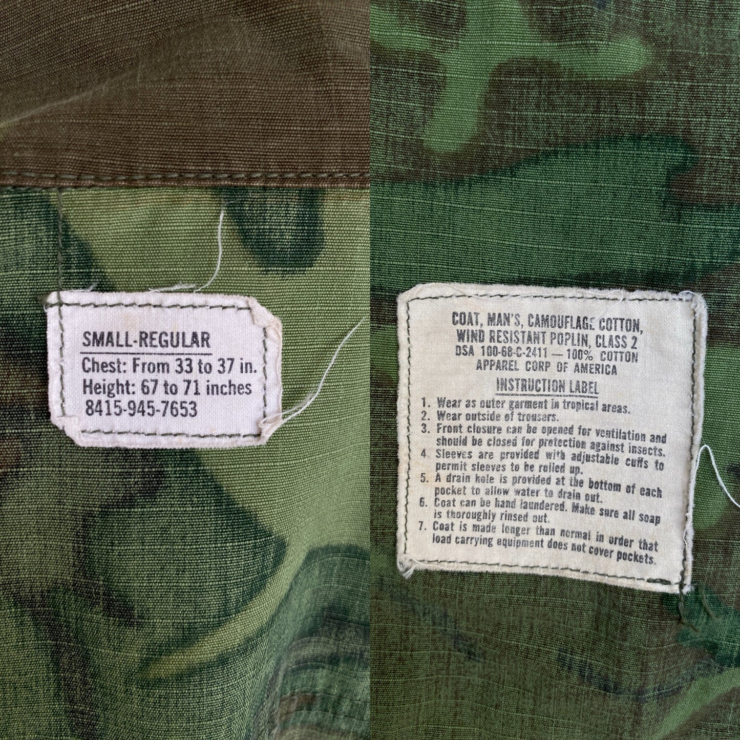 Small Reg. Authentic 1968 US Army vintage Erld camouflage Vietnam jungle jacket. Military-AJ357 Studio
