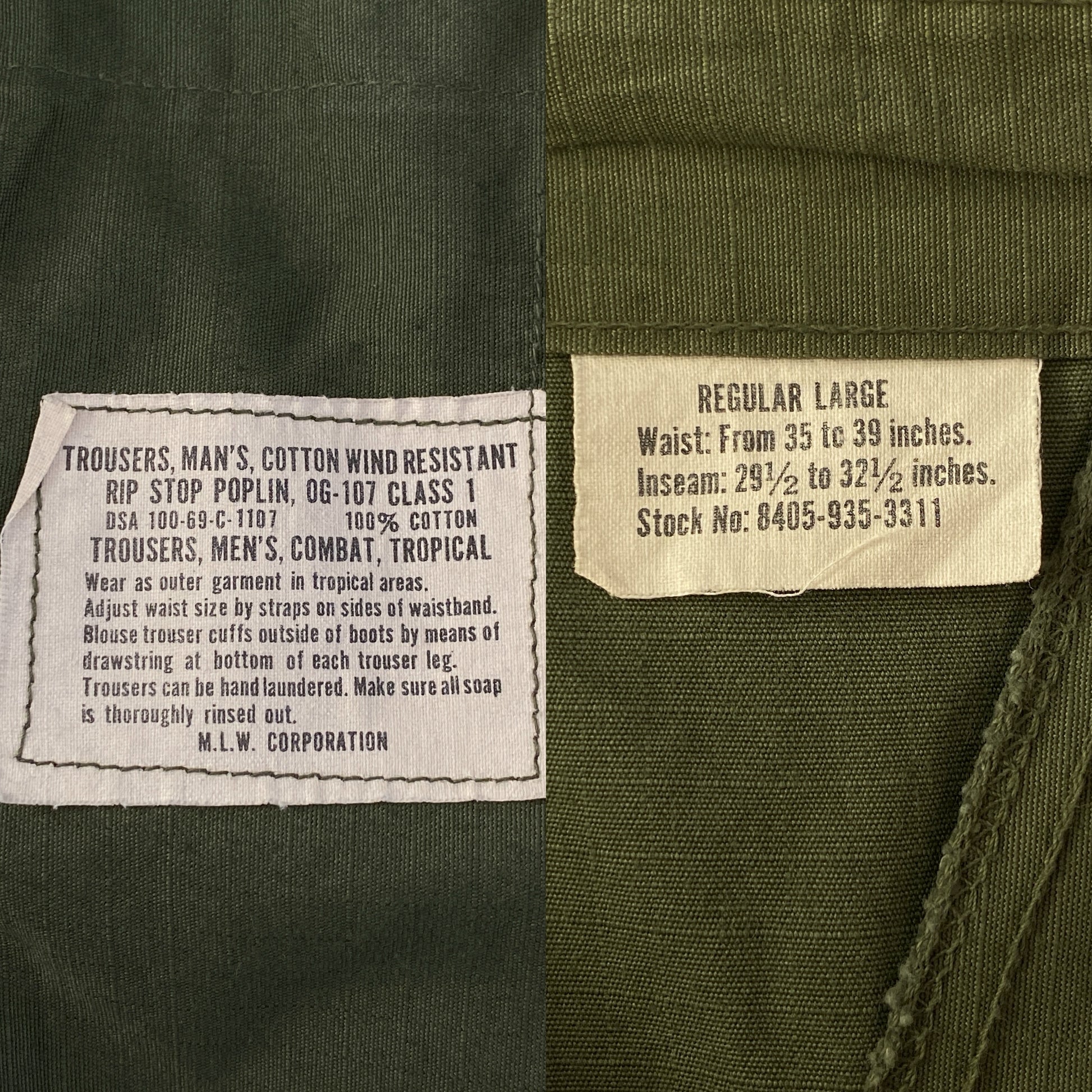 Large Reg. 1968 Authentic US Army Vietnam war era OG-107 jungle pants - USA Vintage Bcn