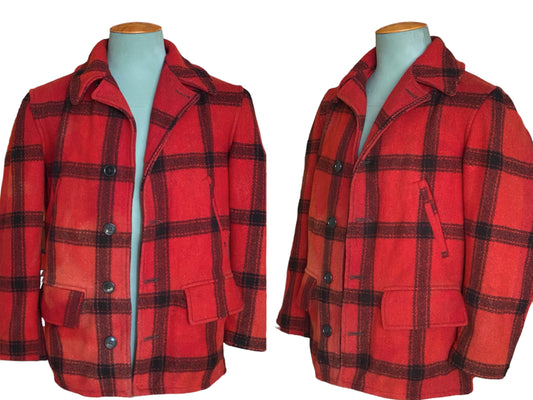 Vintage 1950s plaid wool hunting jacket made in USA, size small.