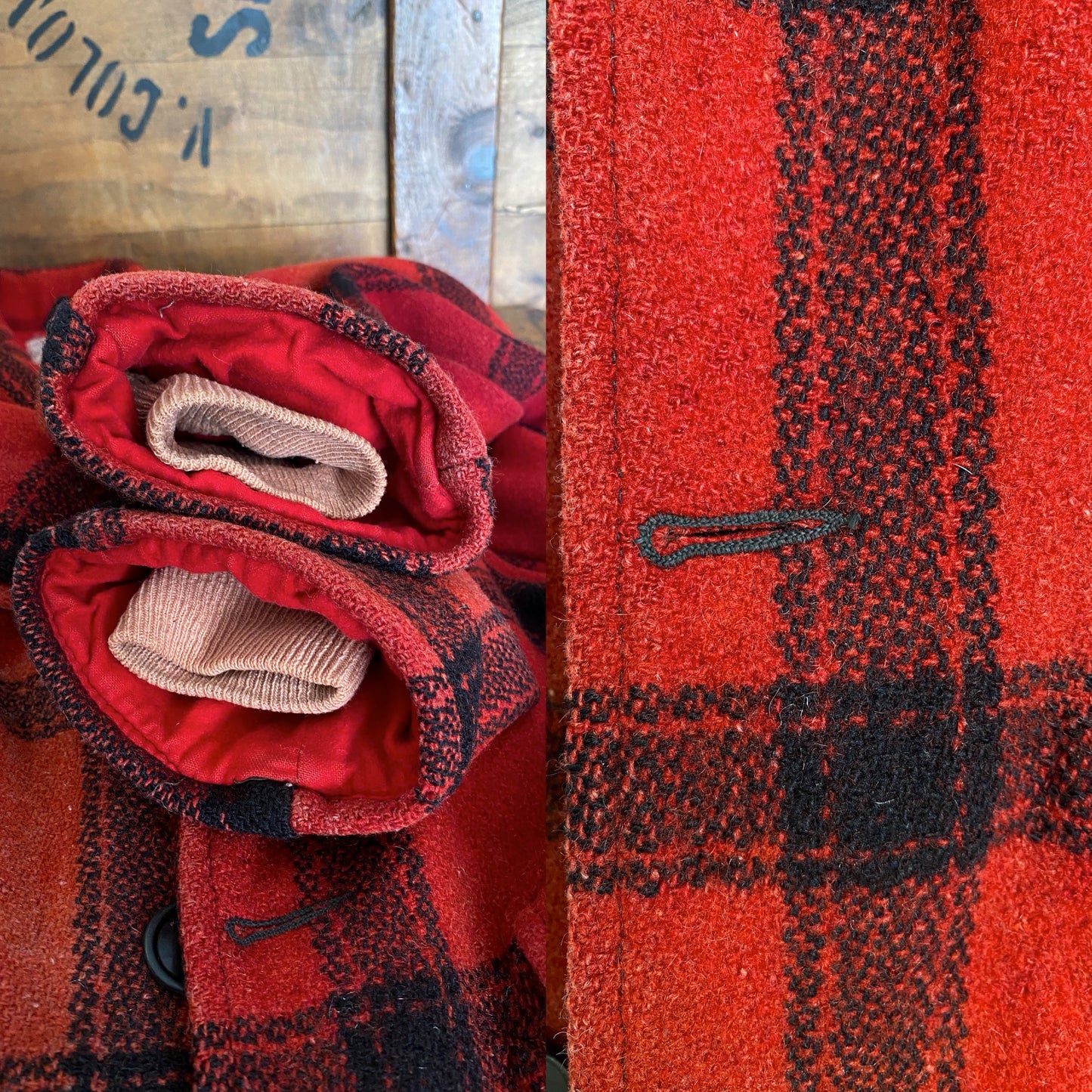 Vintage 1950s plaid wool hunting jacket made in USA, size small.