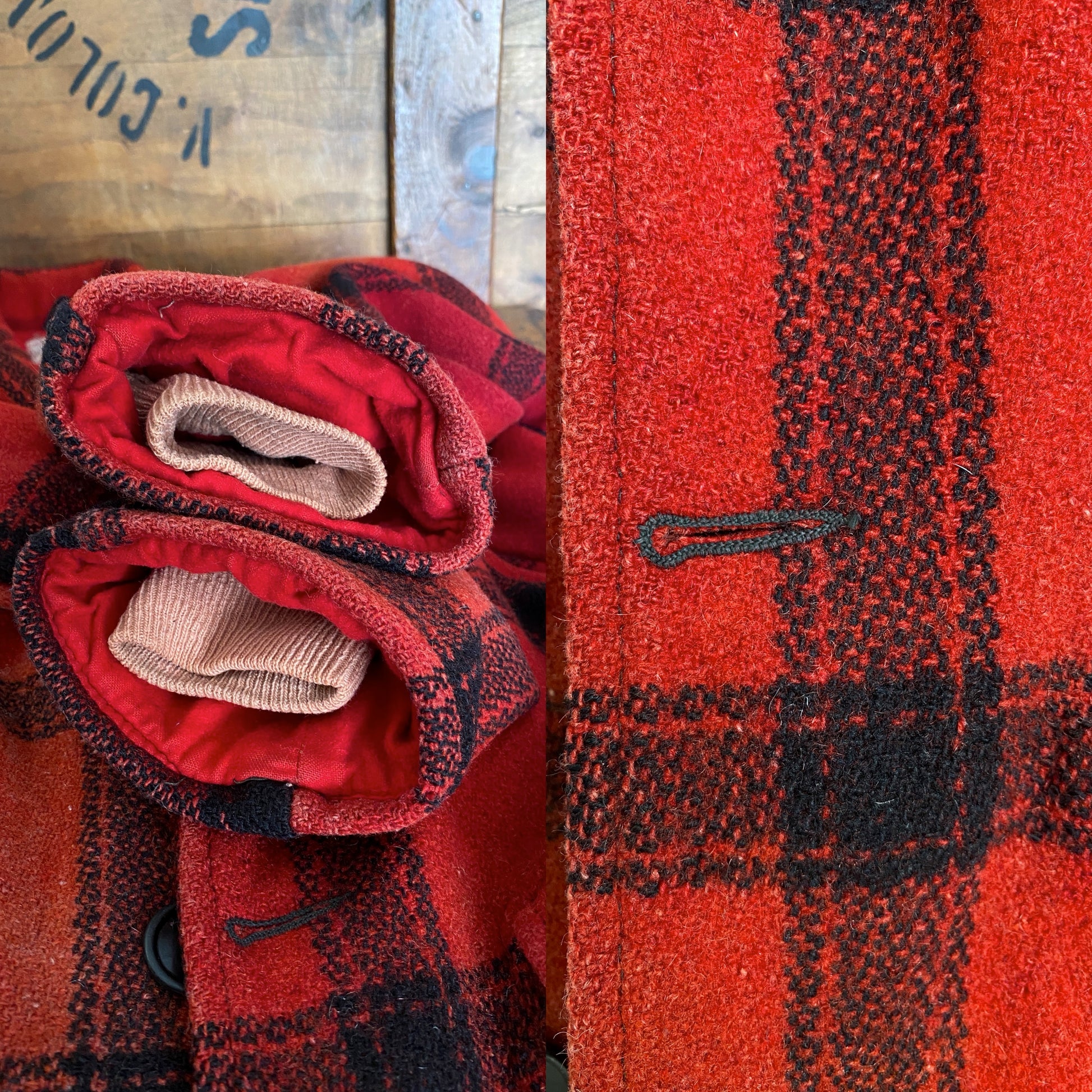 Vintage 1950s plaid wool hunting jacket made in USA, size small.