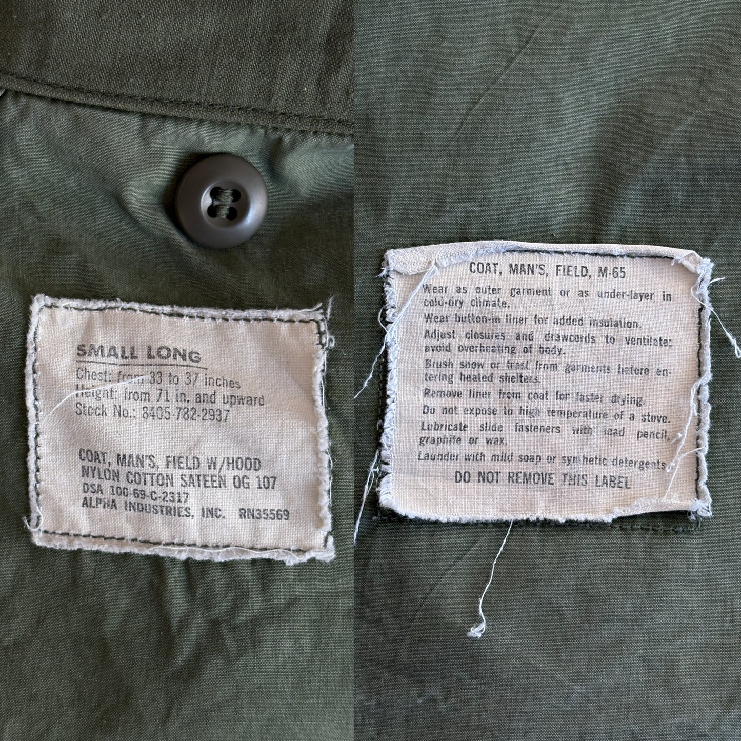 Small Long. Authentic Alpha Industries 1969 US Army M-65 Field Jacket – OG-107 – Vintage Military Issue-AJ357 Studio