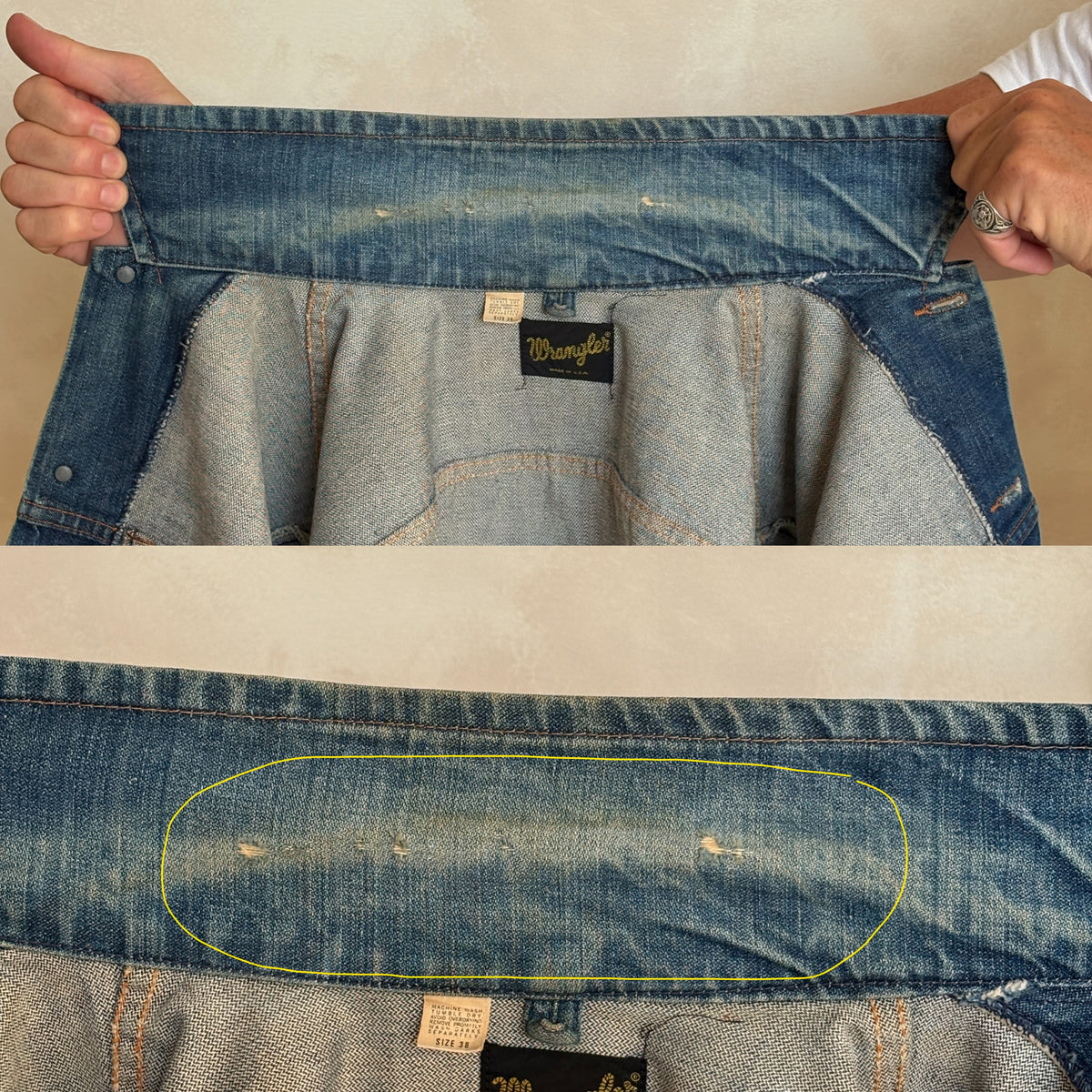 Size 38US / 48EU. Original 70s Wrangler denim jacket with painted back – Made in the USA-AJ357 Studio