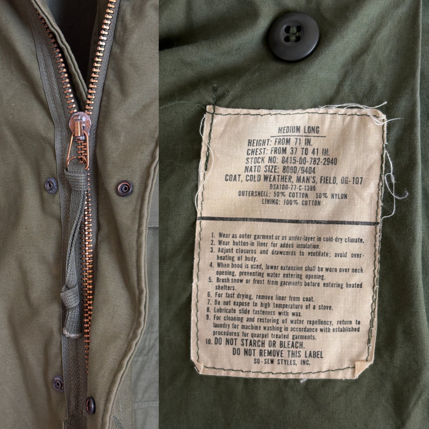 Med Long. Authentic 1977 US Army M-65 Field Jacket – Original Military Issue-AJ357 Studio