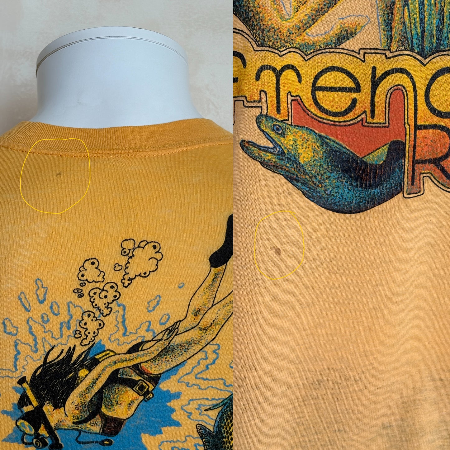 Vintage 1979 French Reef t-shirt with scuba diving graphic and tropical retro style, size large