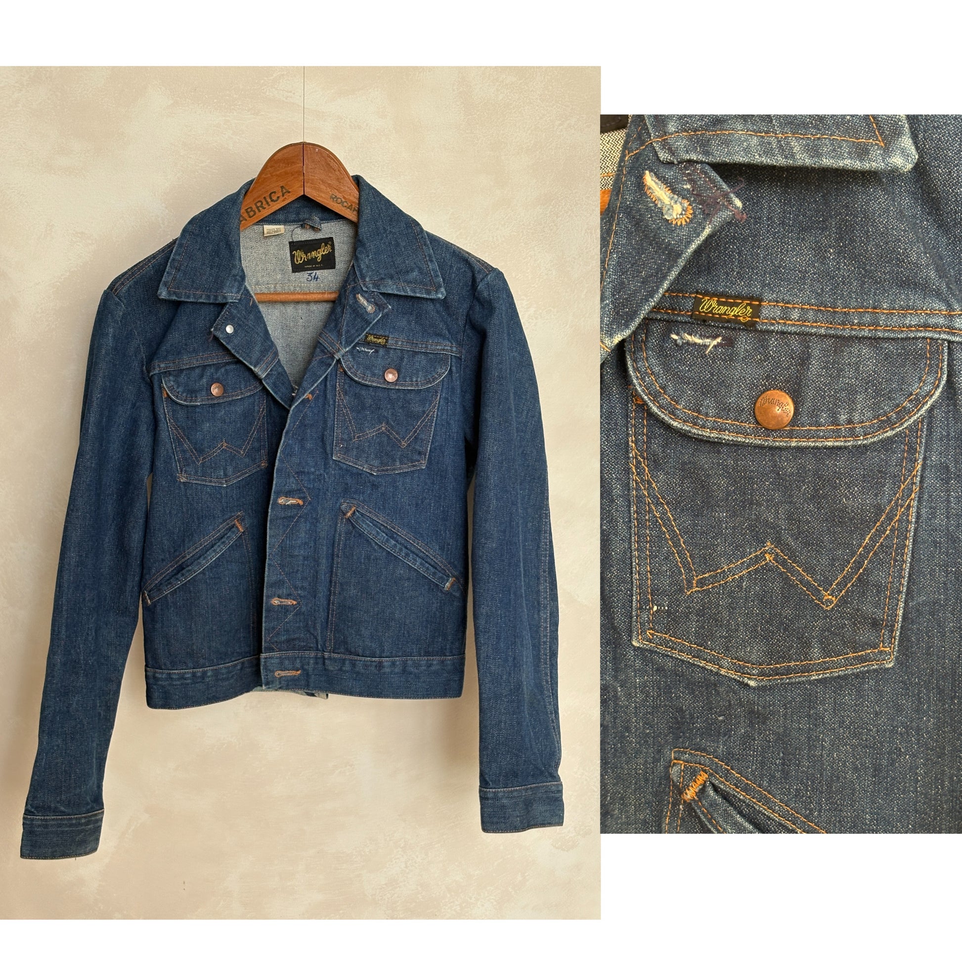 Size 36US / 46EU . Vintage 70s Wrangler Denim Jacket – 4 Pockets – Made in USA - USA Vintage Bcn