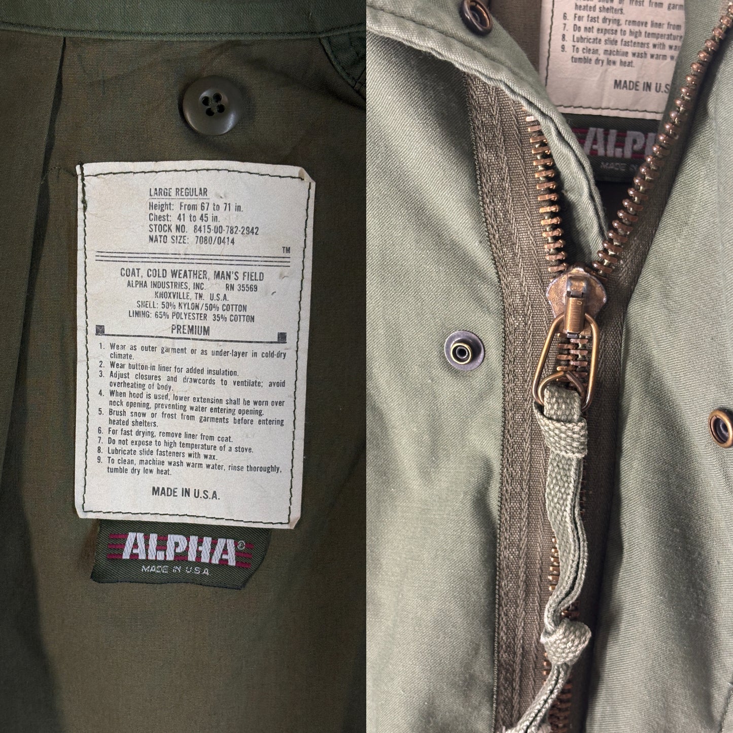 Large Reg. Civilian Alpha US M-65 field jacket Military style Made in USA - USA Vintage Bcn