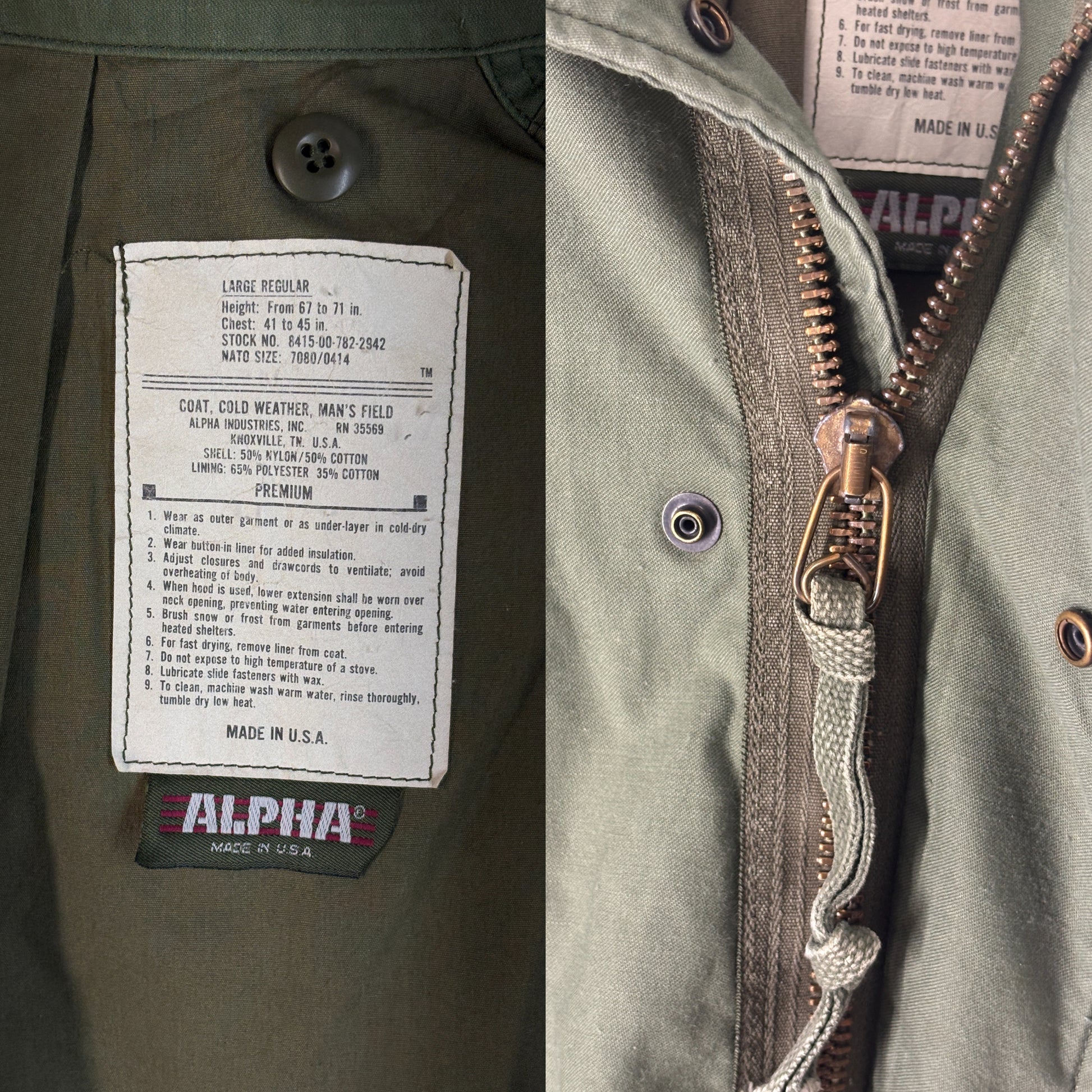 Large Reg. Civilian Alpha US M-65 field jacket Military style Made in USA - USA Vintage Bcn