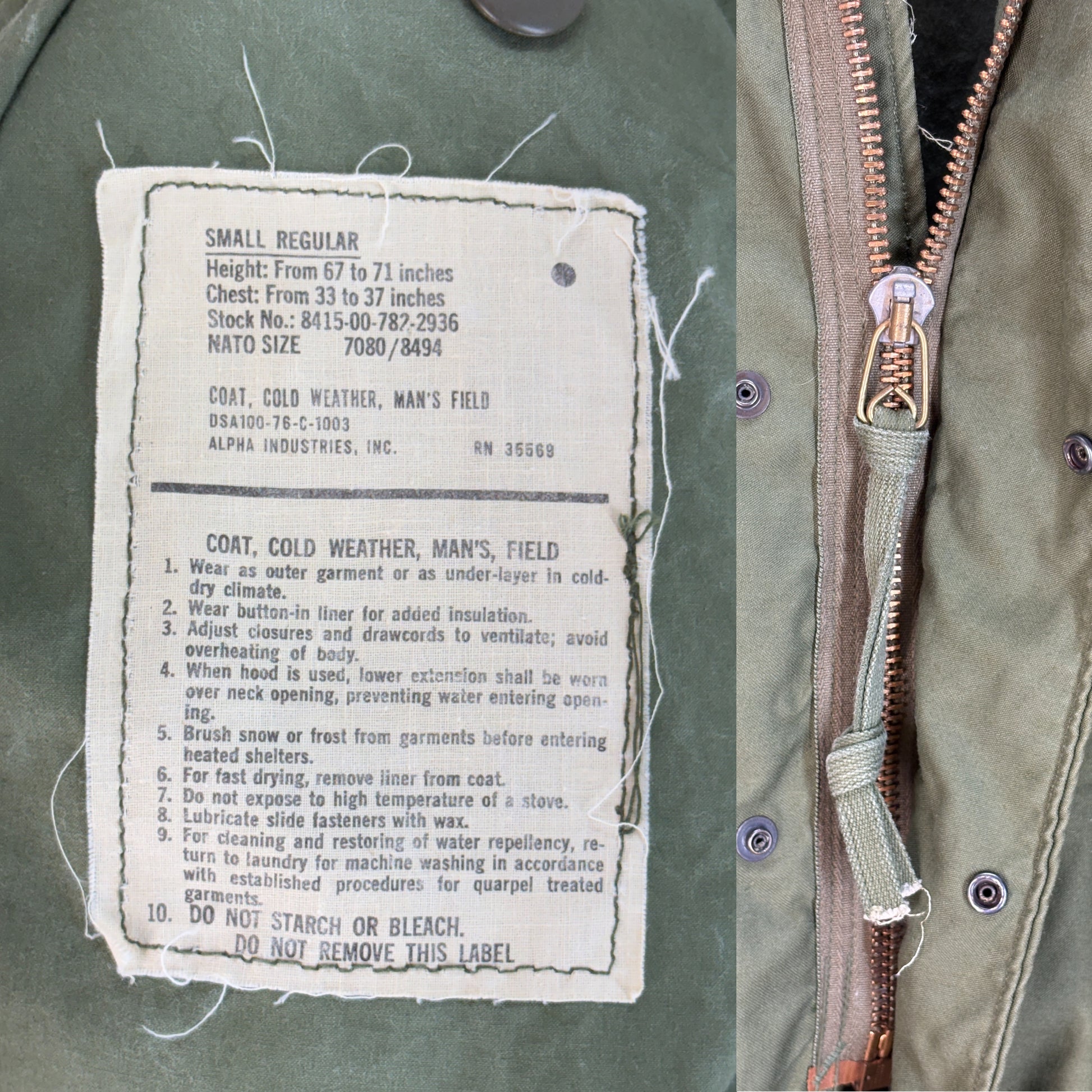 Small Reg. Alpha industries Authentic 1976 US M-65 field jacket .Military - USA Vintage Bcn
