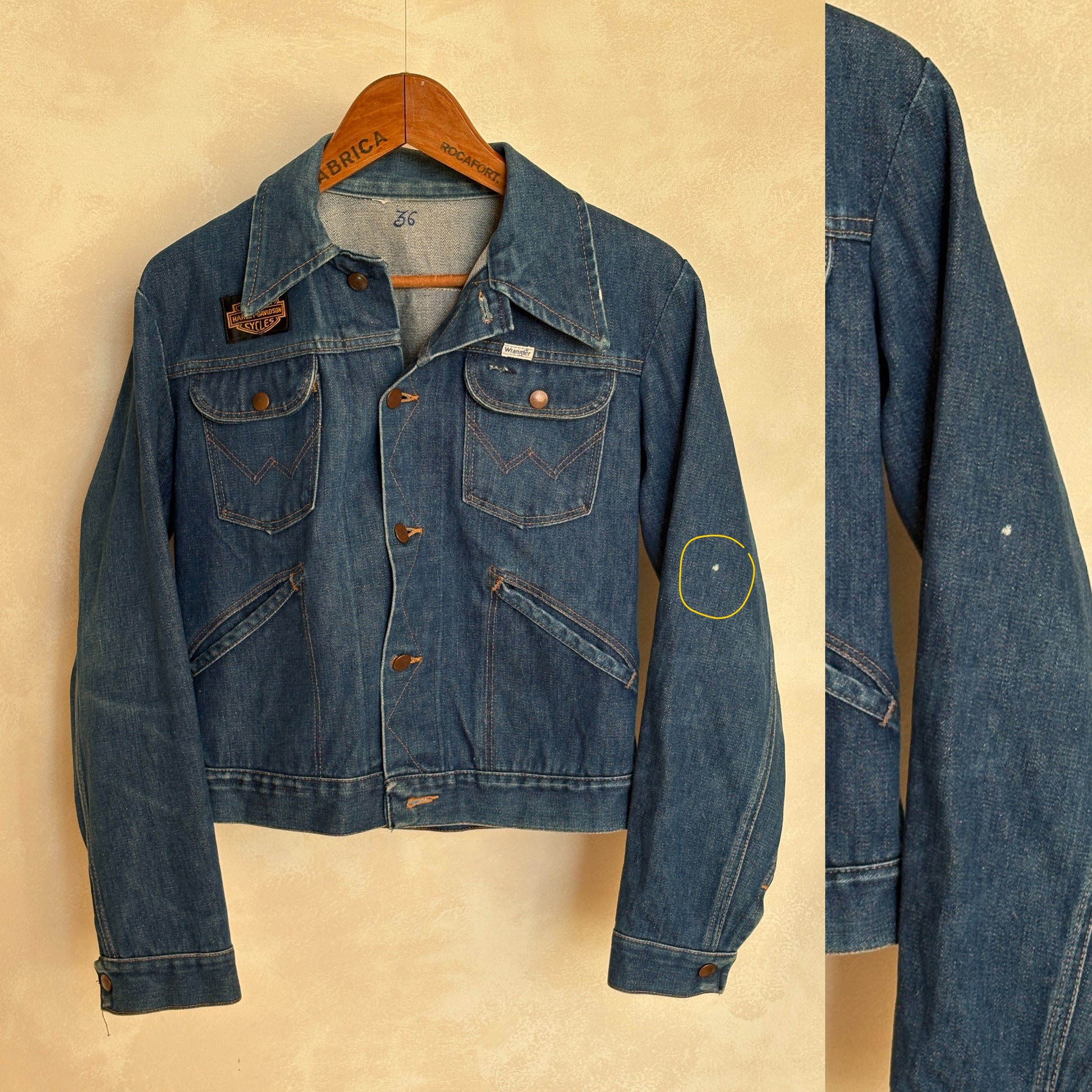 Size 36US / 46EU . Vintage 80s Wrangler Denim Jacket – 4 Pockets – Made in USA -Harley patch- - USA Vintage Bcn