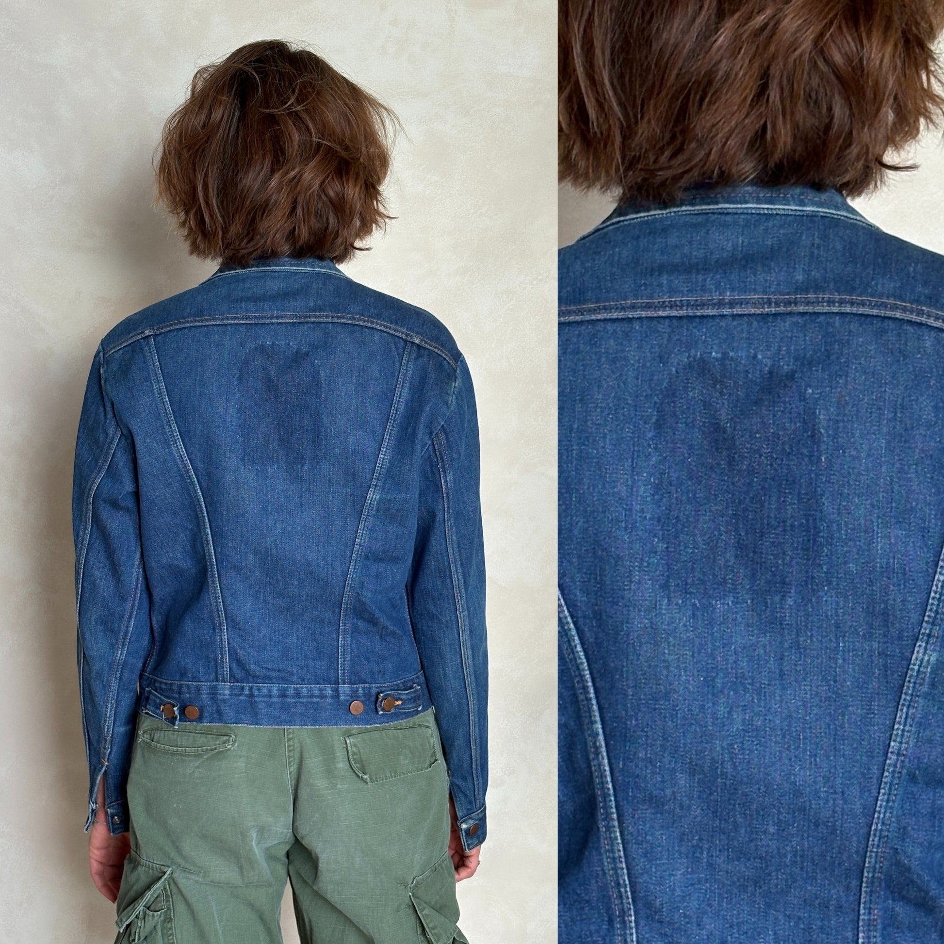 Size 36US / 46EU . Vintage 80s Wrangler Denim Jacket – 4 Pockets – Made in USA -Harley patch- - USA Vintage Bcn