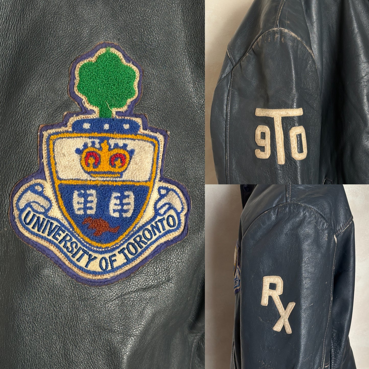 Black leather jacket with University of Toronto crest and '9TO' and 'RX' patches.