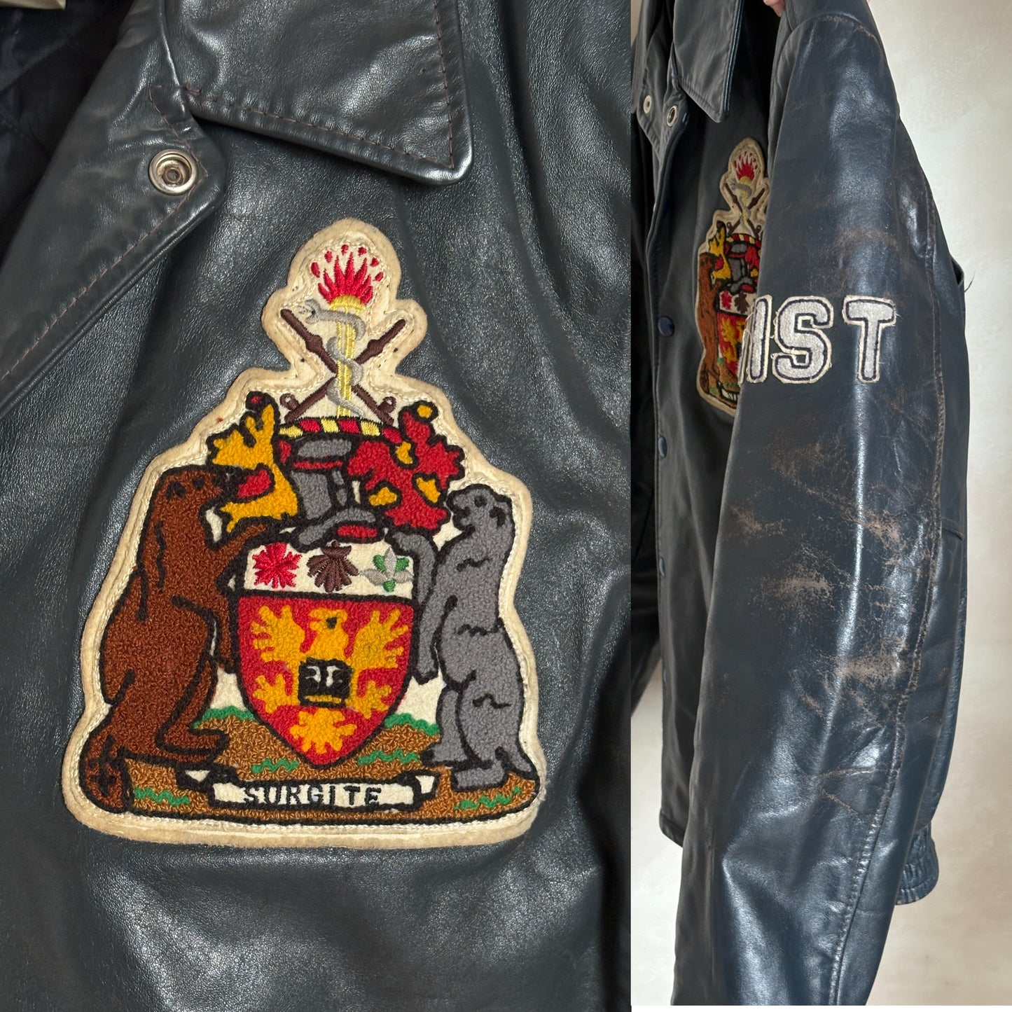 Size 48US / 58EU.  Vintage 90s Leather College Jacket — Brock University Bomber — Canadian Varsity Style — History Department Patch
