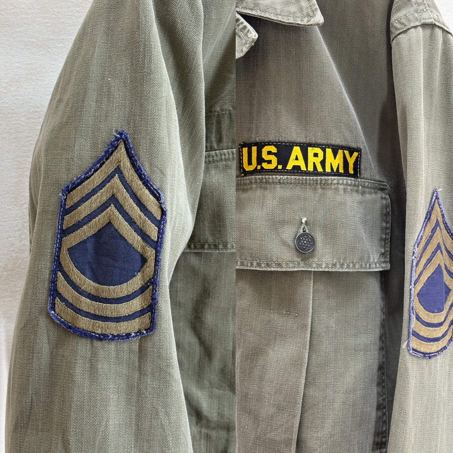 38 Reg. Authentic WWII US Army HBT Shirt – M1942 – 13 Star Buttons – Gas Flap – WW2 Vintage-AJ357 Studio