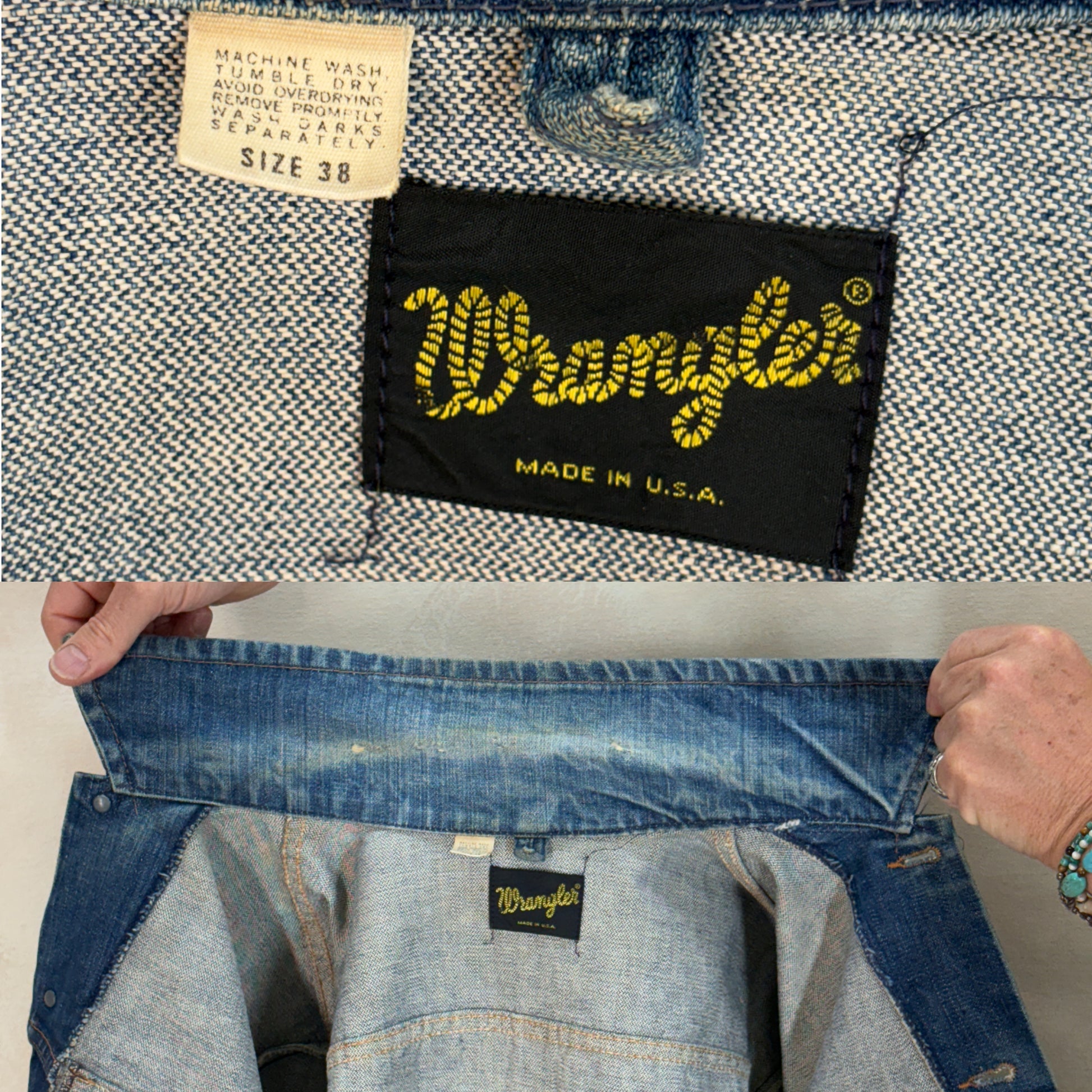 Size 38US / 48EU. Original 70s Wrangler denim jacket with painted back – Made in the USA - USA Vintage Bcn