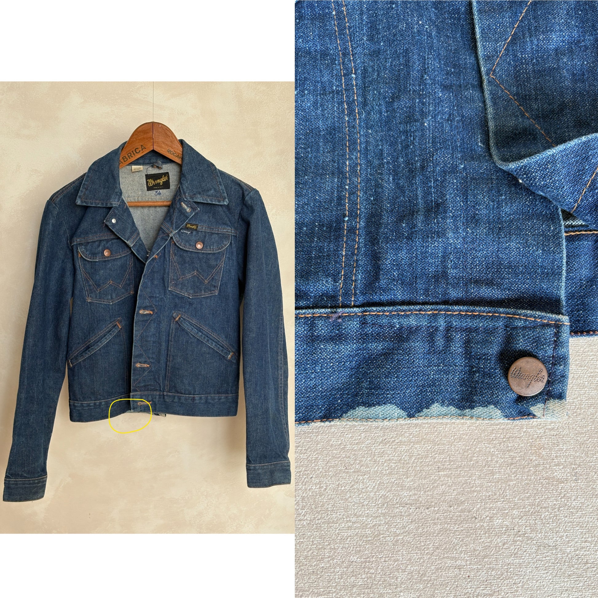 Size 36US / 46EU . Vintage 70s Wrangler Denim Jacket – 4 Pockets – Made in USA - USA Vintage Bcn