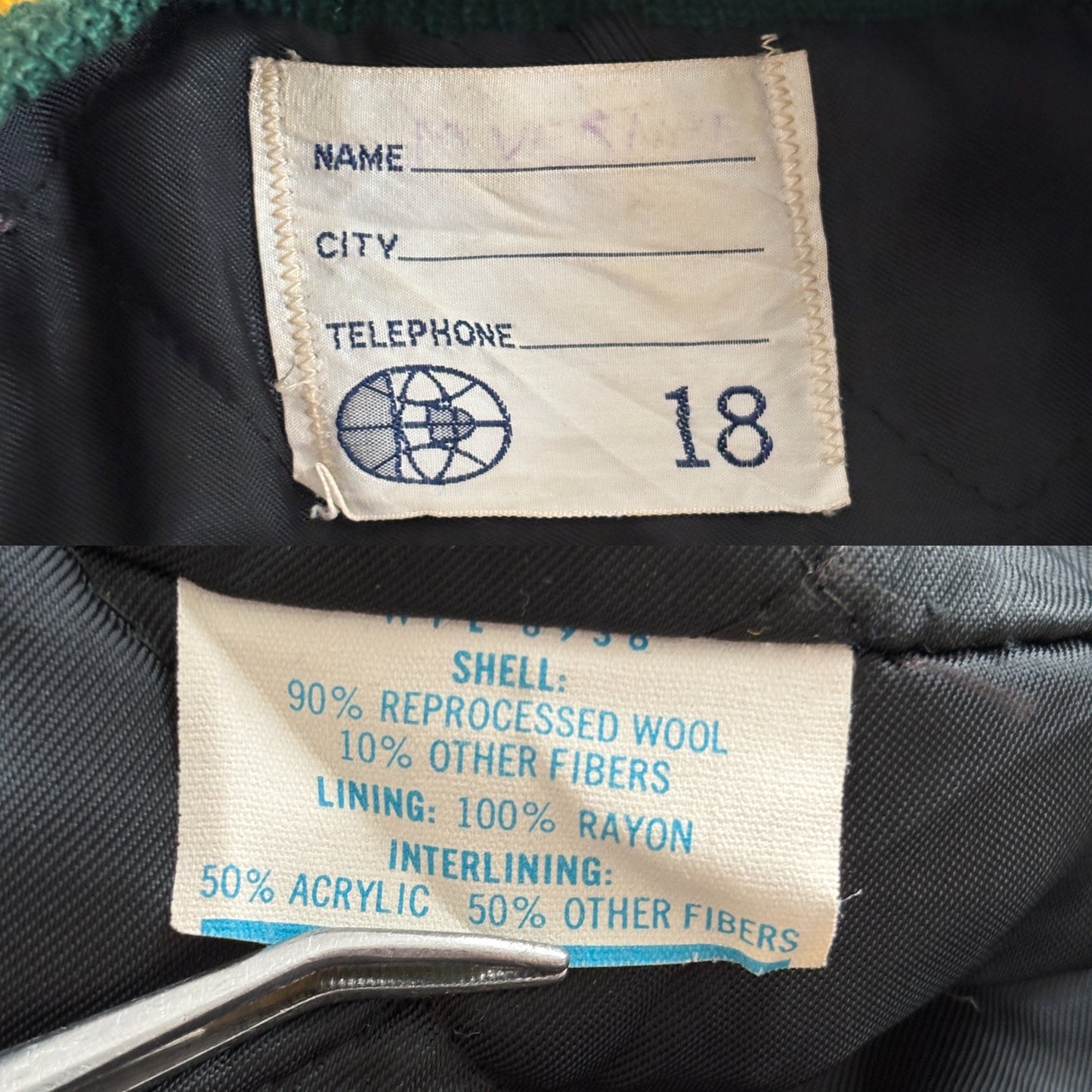 Size 18. Green Vintage 70s varsity jacket Made in USA-AJ357 Studio