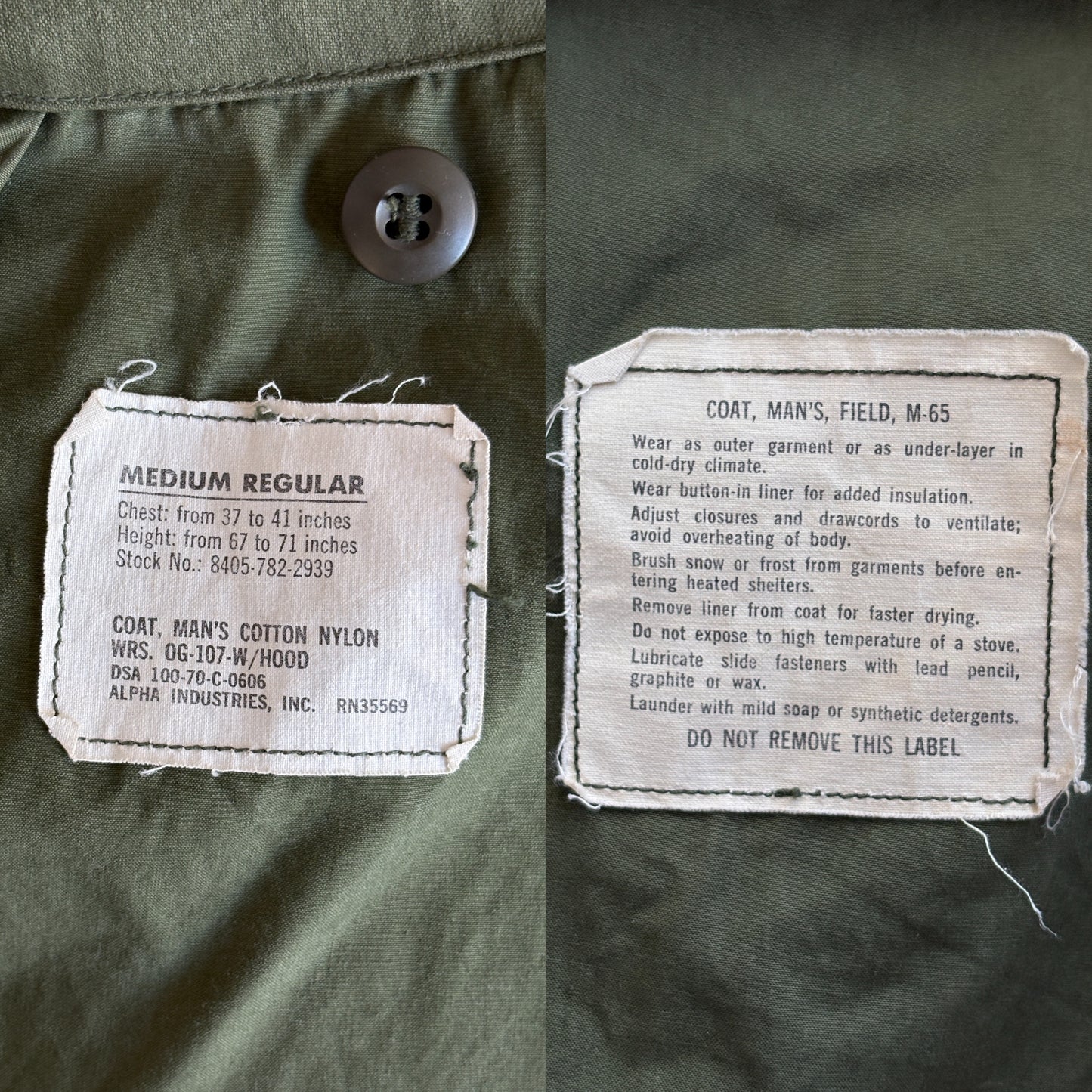 Med Reg. Authentic Alpha Industries 1969 US Army M-65 Field Jacket – OG-107 – Vintage Military Issue - USA Vintage Bcn