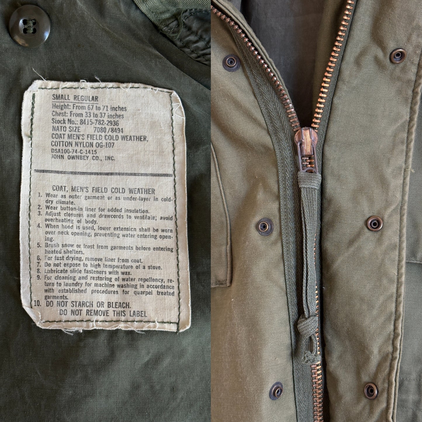 Small Reg. Authentic John Ownbey 1974 US Army M-65 Field Jacket – OG-107 – Vintage Military Issue - USA Vintage Bcn