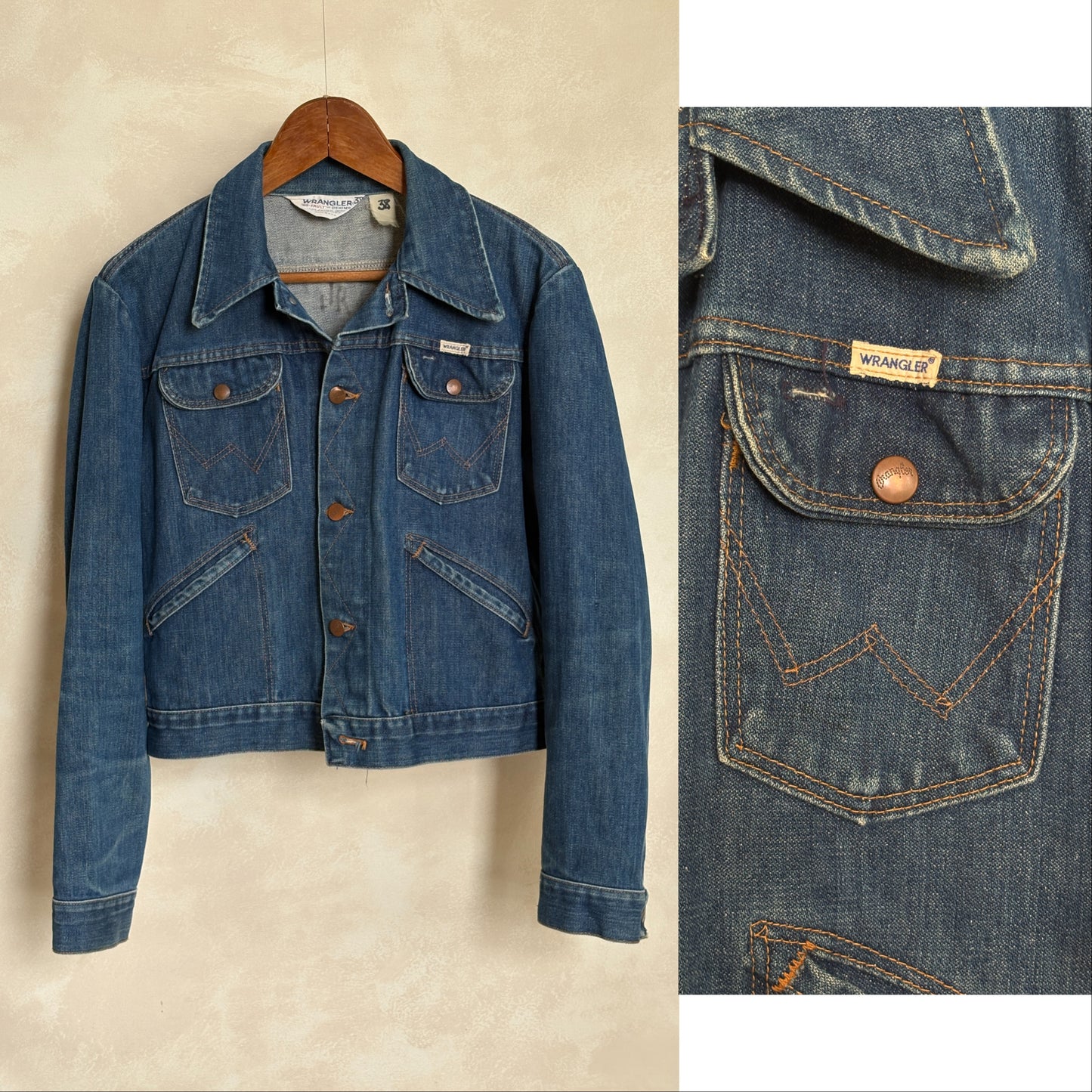 Size 34US / 44EU. Authentic 80s Wrangler denim jacket -4 pockets- Made in the USA - USA Vintage Bcn