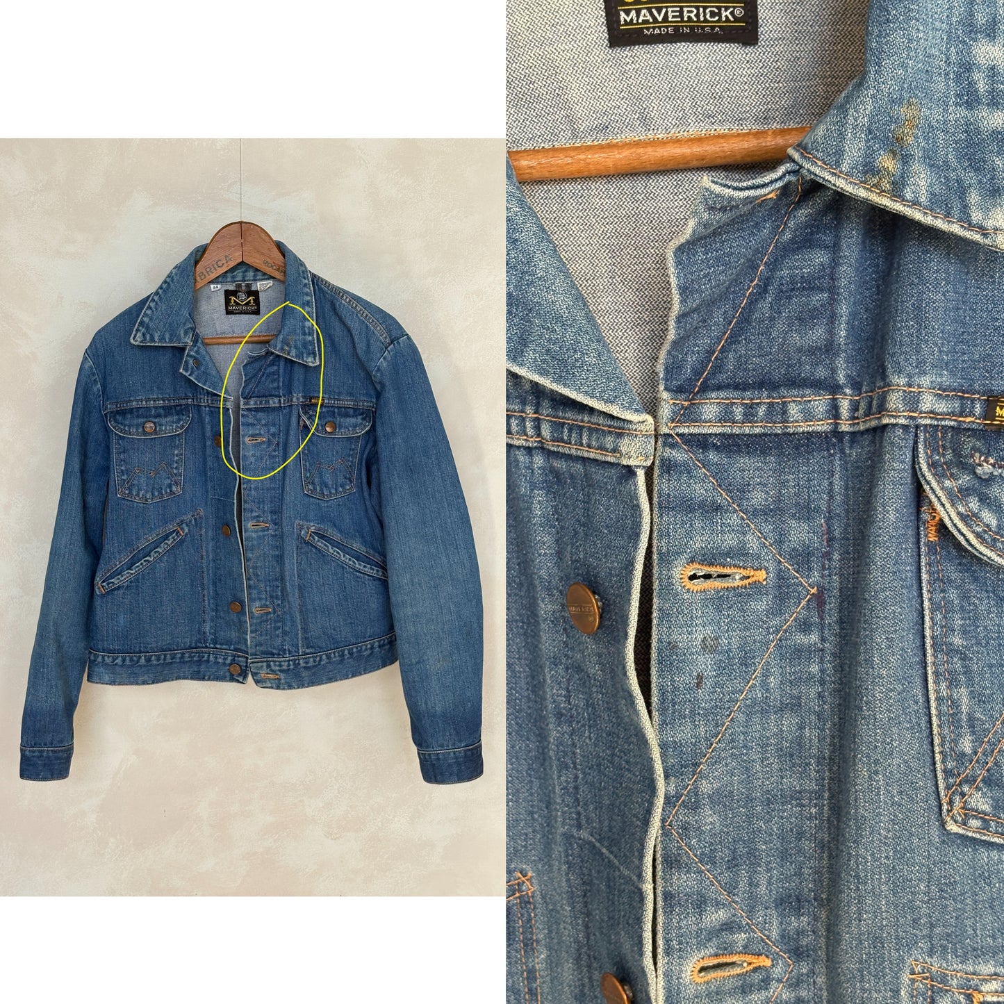 Size 44US / 54EU. Authentic 70s Maverick denim Jacket – Made in USA - USA Vintage Bcn