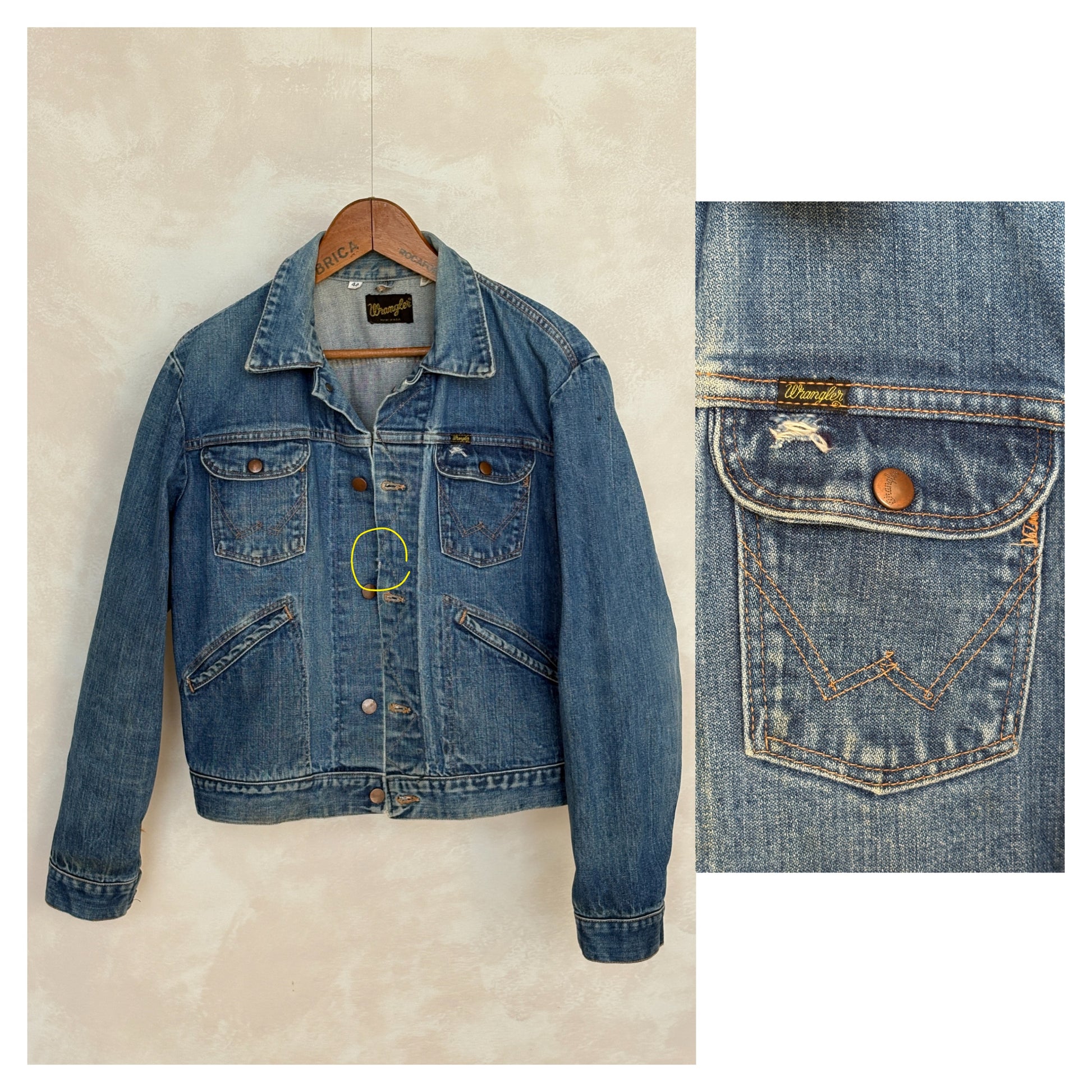 Size 44US / 54 EU Authentic 70s Wrangler denim jacket -4 pockets- Made in the USA - USA Vintage Bcn