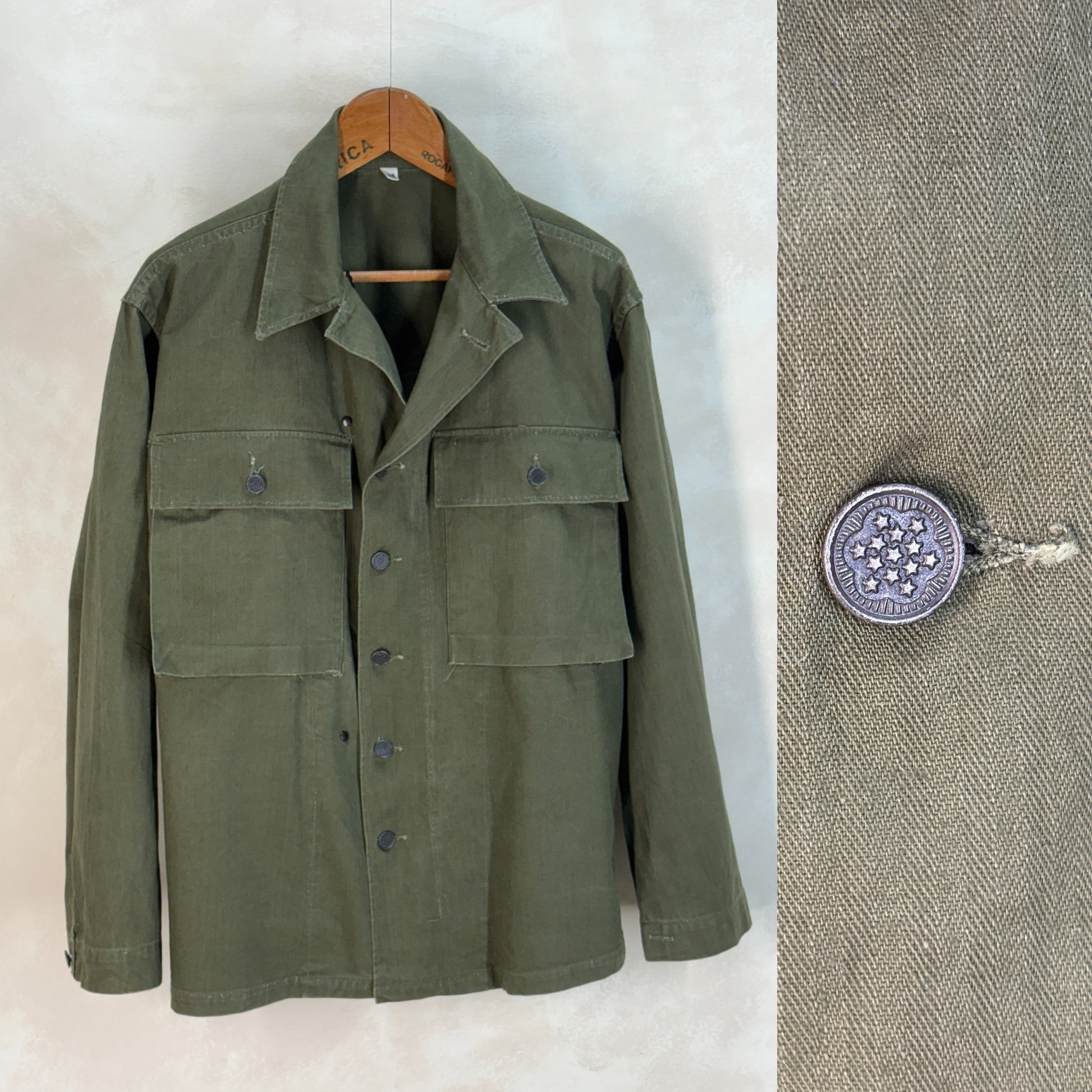 Size 38 Reg ( Med/ Large) Authentic WWII US Army HBT Shirt – M1942 – 13 Star Buttons – Gas Flap – WW2 Vintage - USA Vintage