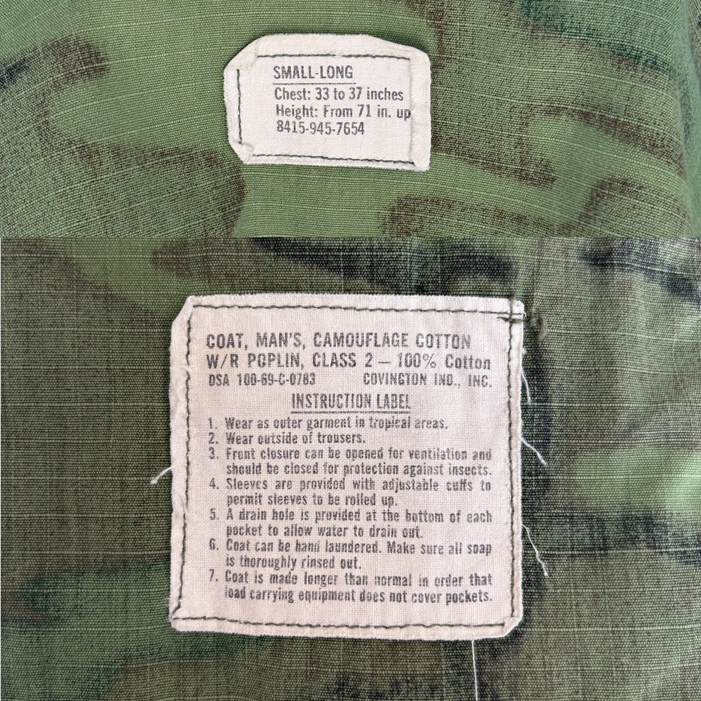 Small Long. Authentic USMC 1969 US Army vintage Erld camouflage Vietnam jungle jacket. Military-AJ357 Studio