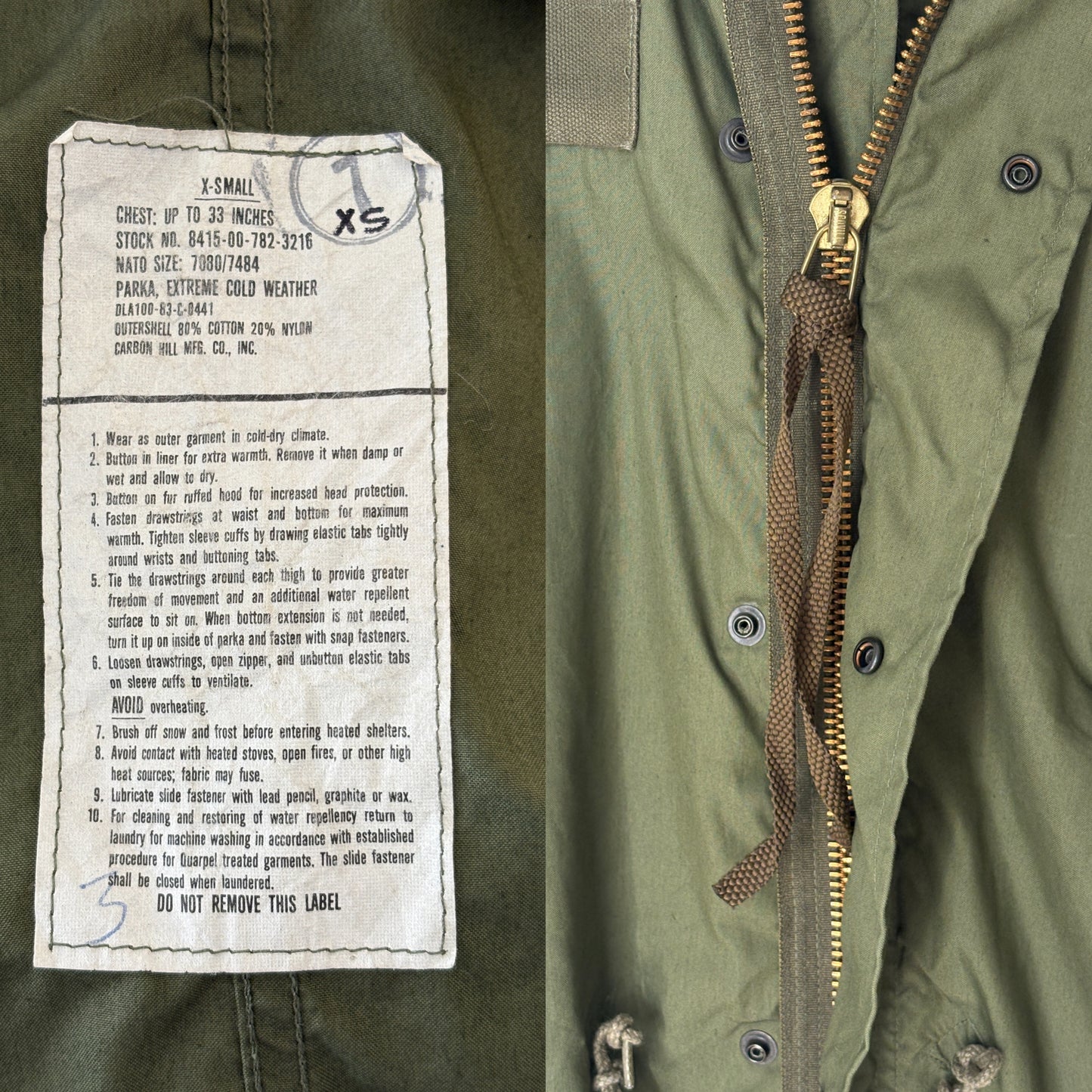 X Small . Authentic 1983 US Army M-65 fish tail parka – OG-107 – Vintage Military Issue - USA Vintage Bcn