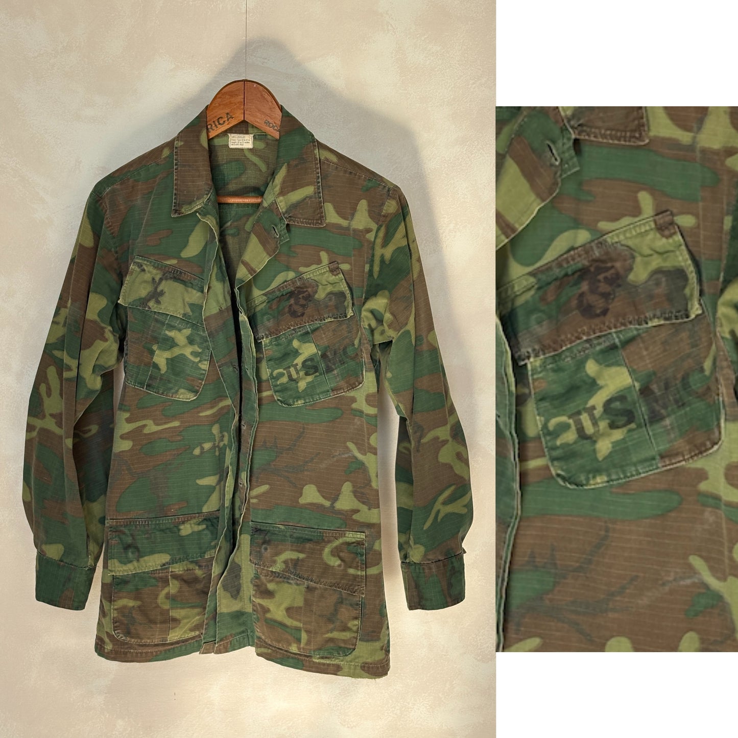 Small Reg. Authentic USMC 1969 US Army vintage Erld camouflage Vietnam jungle jacket. Military - USA Vintage Bcn