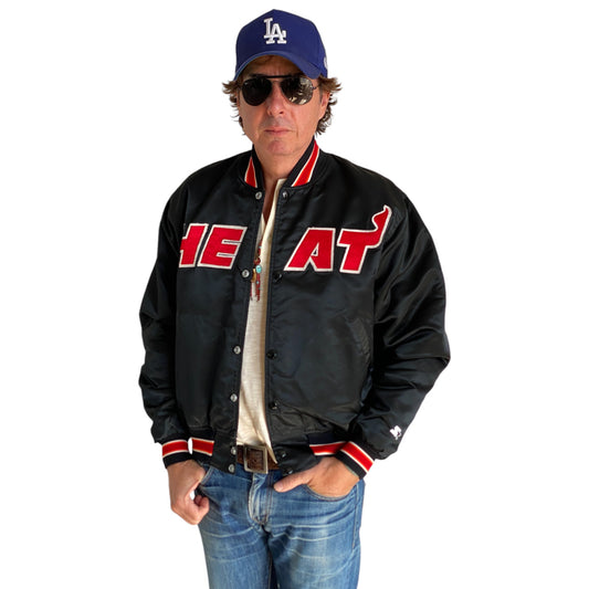 Vintage 1980s Miami Heat Starter satin jacket made in USA, size large.