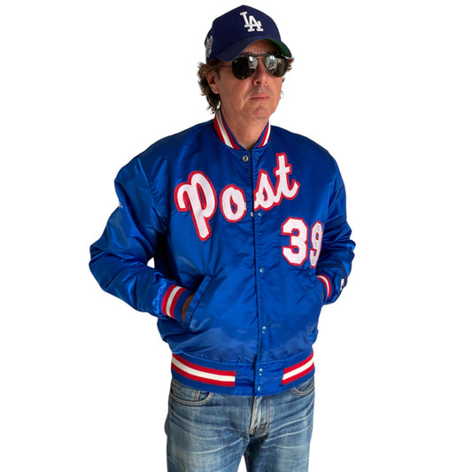 Vintage 1980s Post Starter satin jacket made in USA, size large.