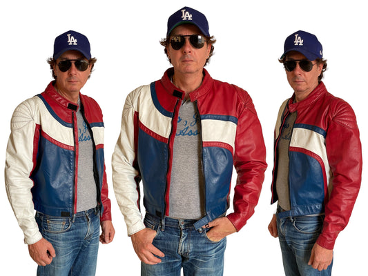 Vintage Angora motorcycle leather jacket made in Canada with classic biker style, size 42US 52EU