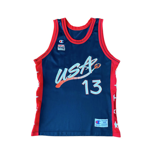 Vintage 90s NBA Champion USA Olympics Dream Team jersey, size 44, featuring Shaq O'Neal #13 - front view. Made in USA.