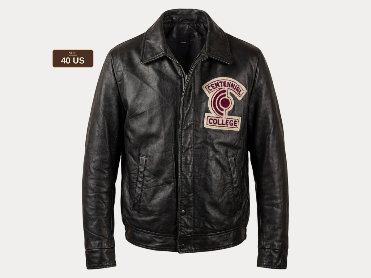 Vintage black 1970s Centennial College Leather Varsity Jacket – Designed in Canada, Size 40US / 50EU-AJ357 Studio