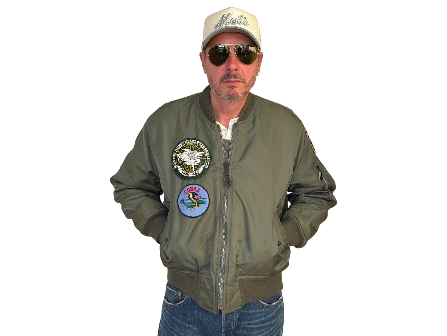 Large . Patched MA1 jacket, flying intermediate type MA-1 Made in USA - USA Vintage Bcn